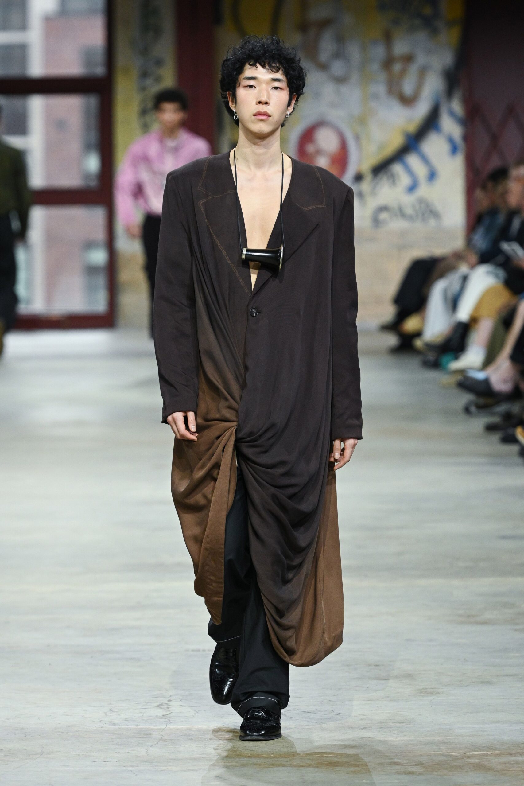 brown silk long-sleeve v-neck relaxed draped midi coat