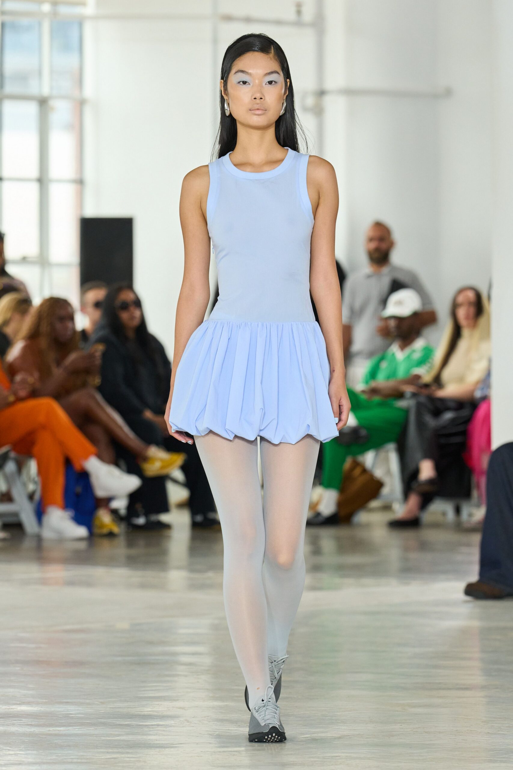 blue cotton sleeveless v-neck fitted pleated mini dress