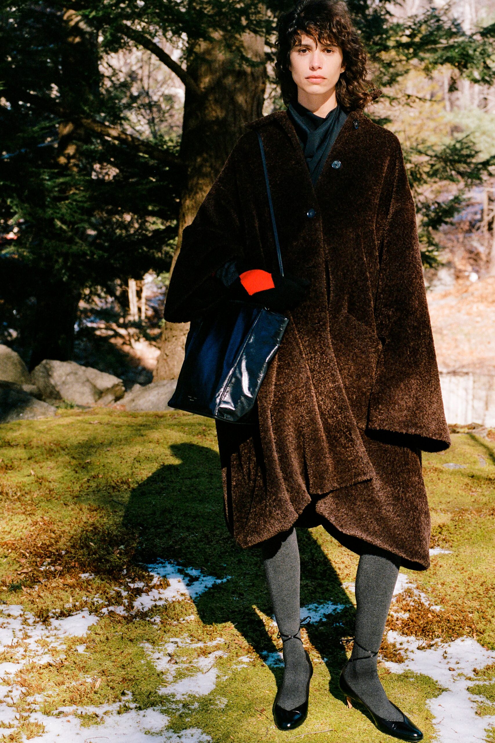 brown faux-fur long-sleeve collared relaxed cape