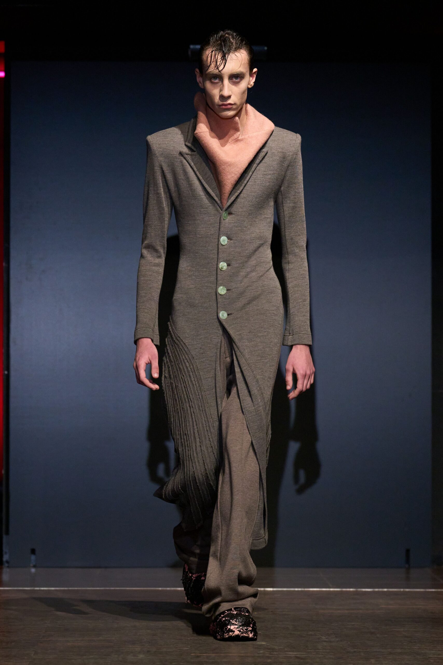 gray wool long-sleeve collared fitted buttoned pleated dress
