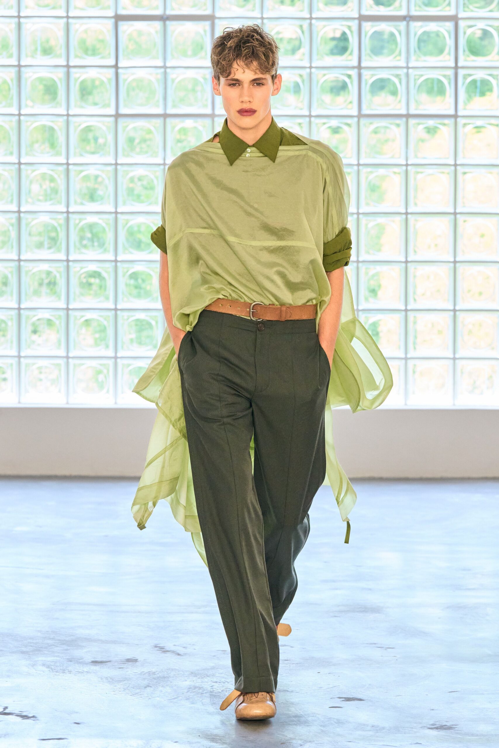 green silk long-sleeve collared relaxed layered flowing shirt