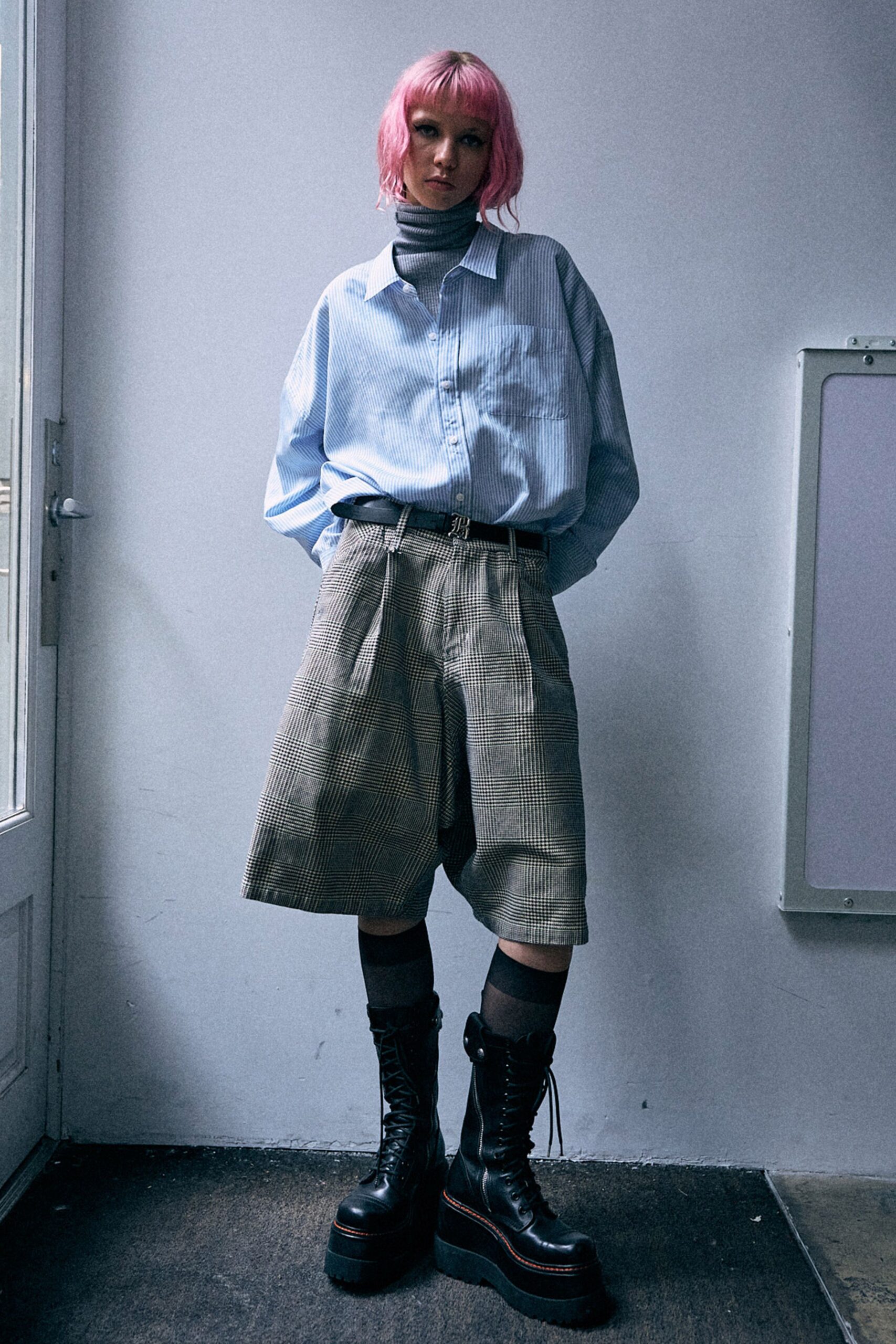 blue cotton long-sleeve collared oversized striped shirt