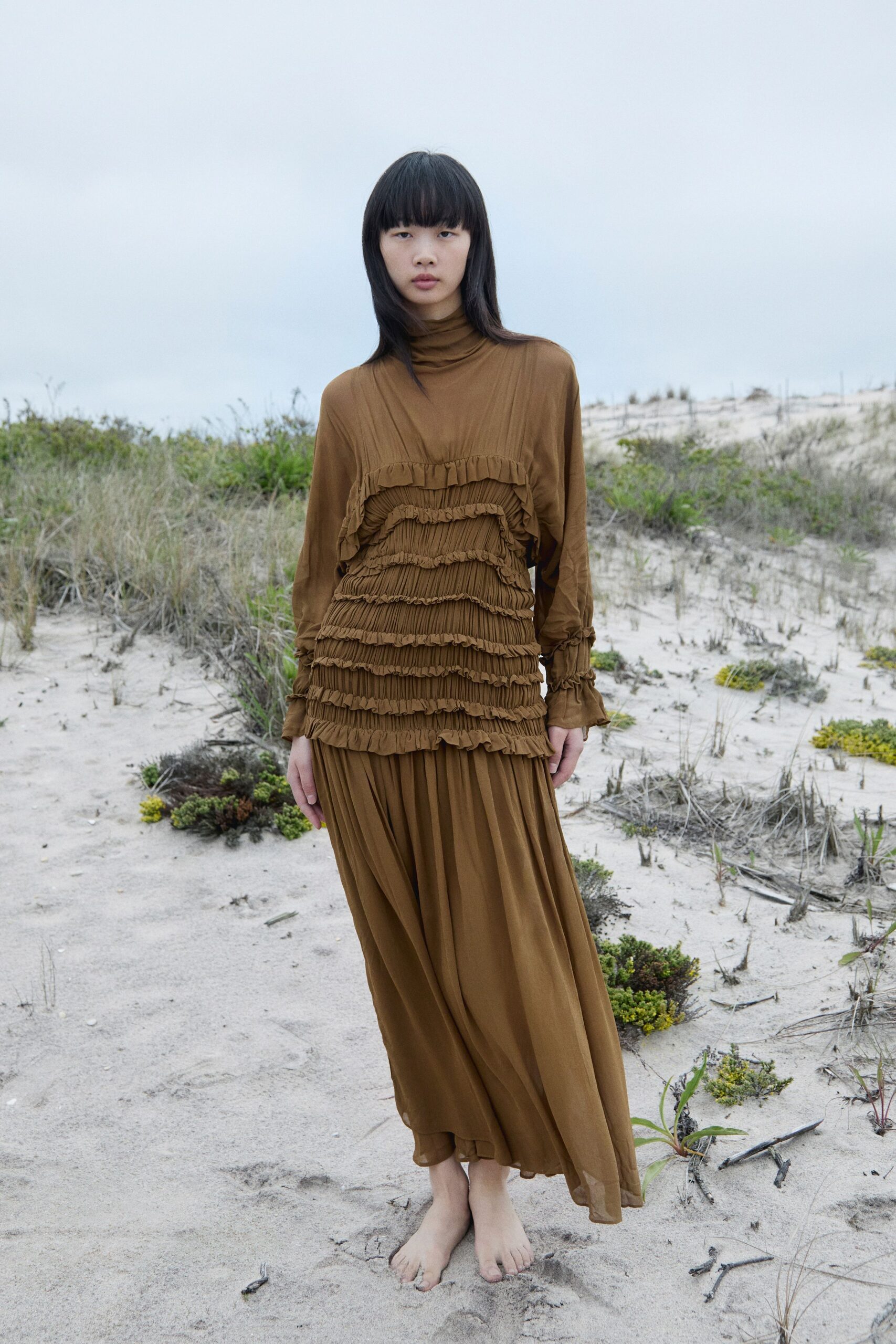 brown silk ruffled maxi dress