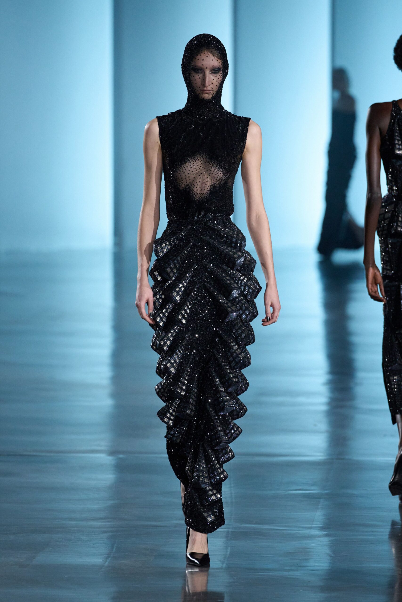 black sequin sleeveless high-neck fitted pleated layered dress