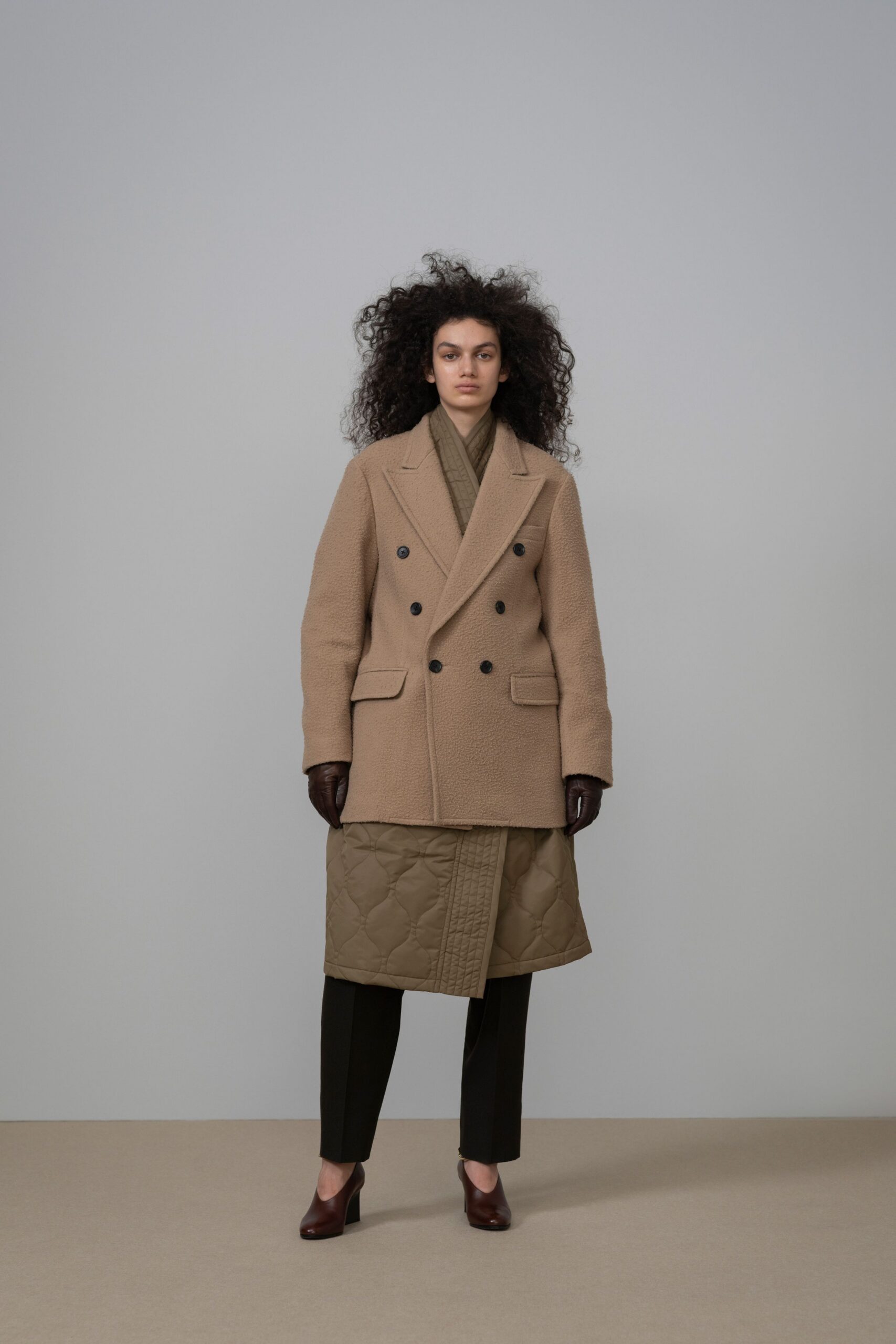 beige wool long-sleeve collared structured coat