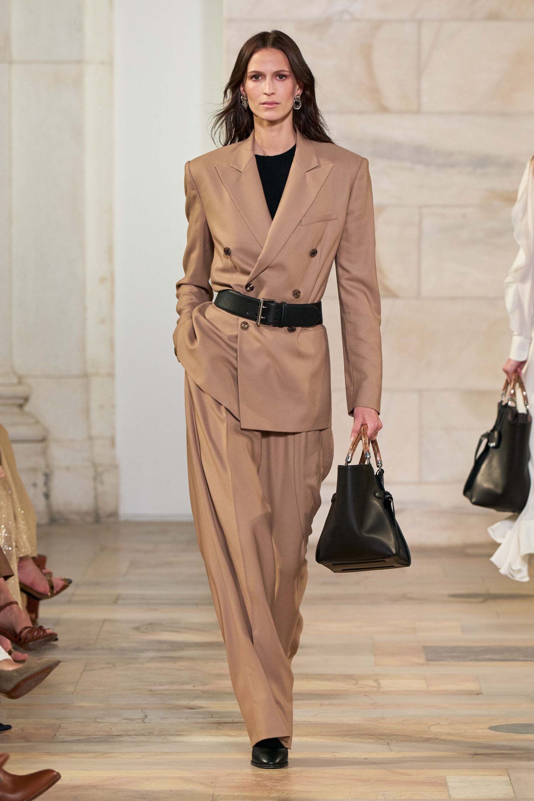 beige wool long-sleeve collared tailored pleated zippered suit