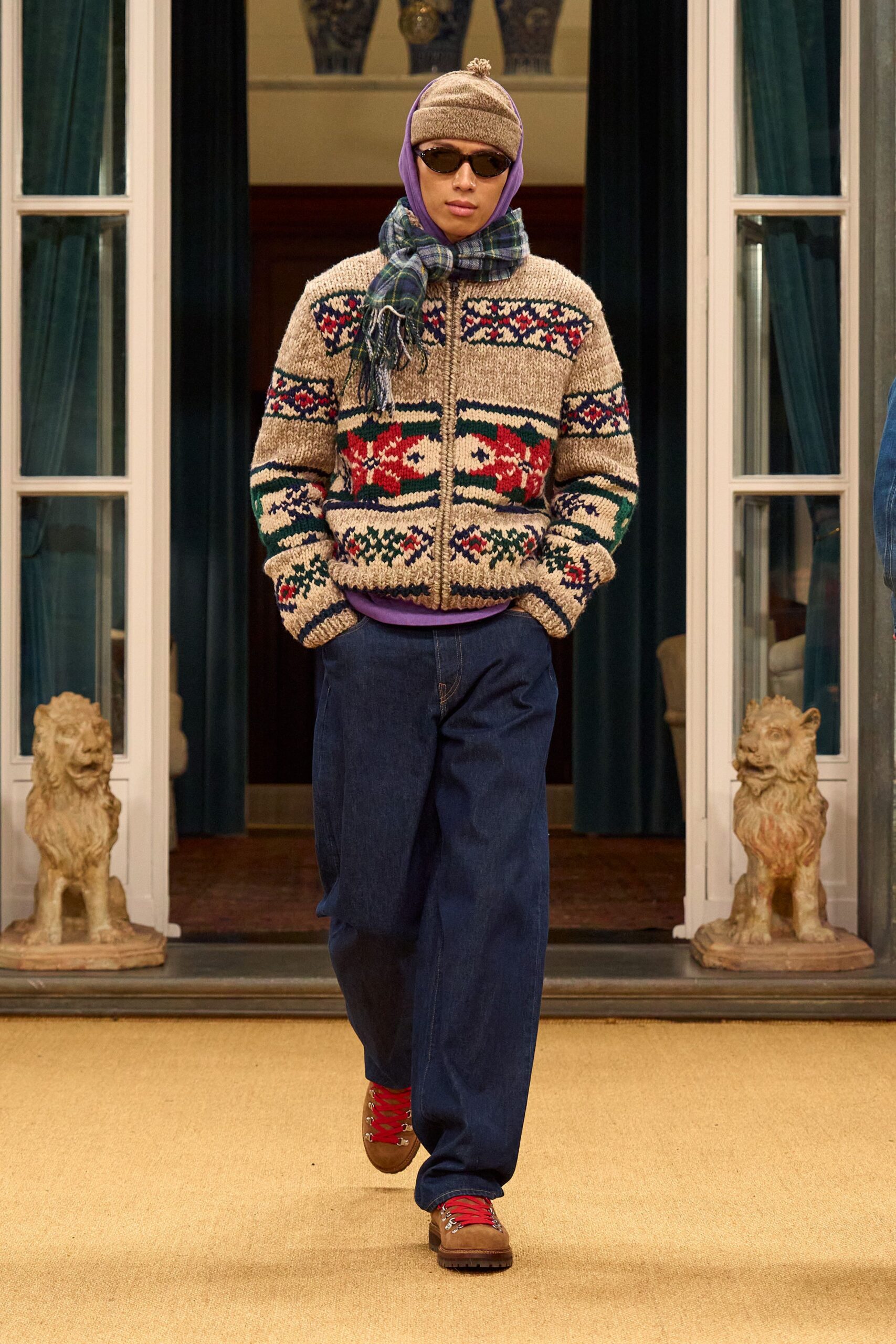 beige embroidered sweater with denim pants
