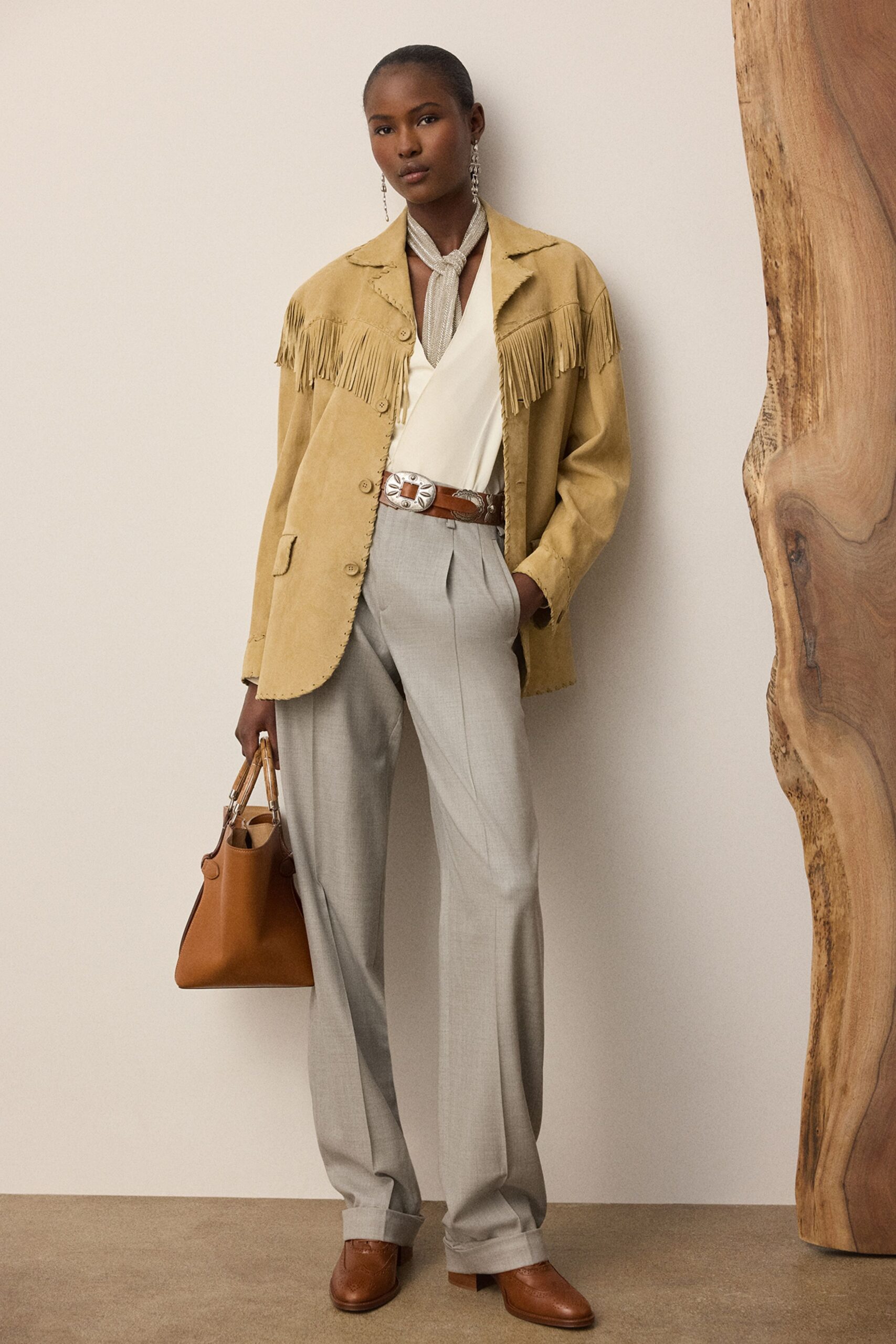 beige suede long-sleeve relaxed fringed jacket
