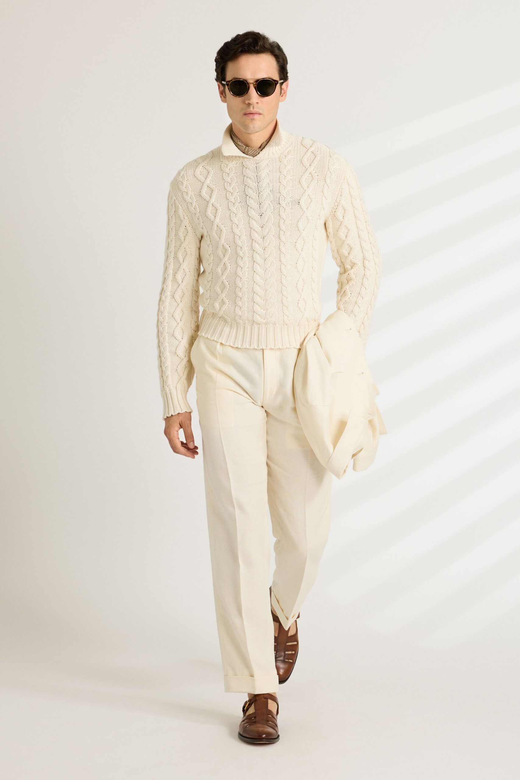 white wool sweater beige pants