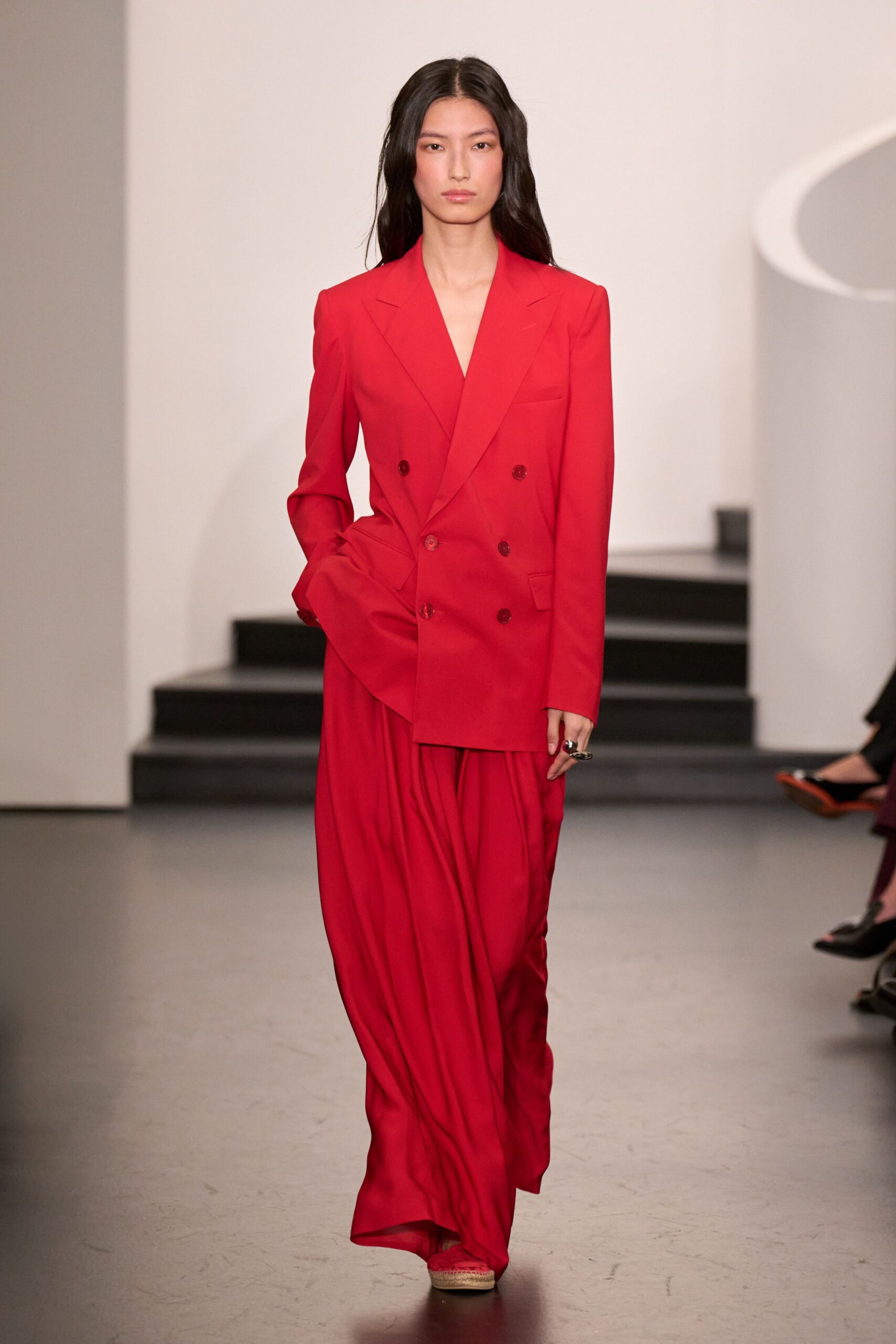 red long-sleeve collared fitted layered suit