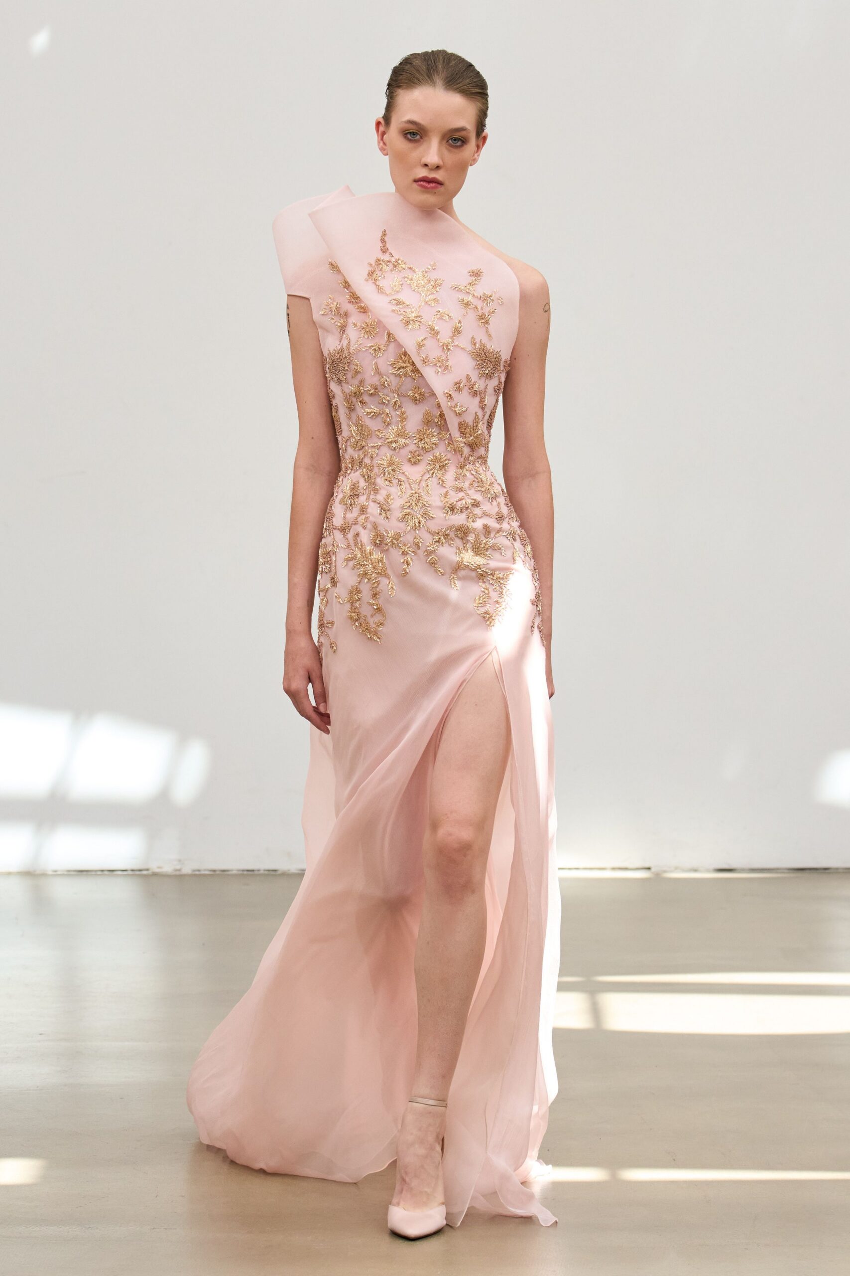 pink silk sleeveless high-neck fitted embroidered draped gown