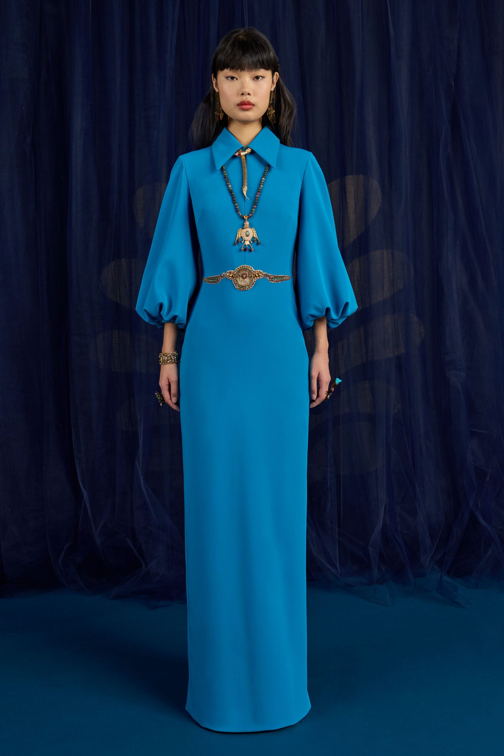 blue silk collared gown