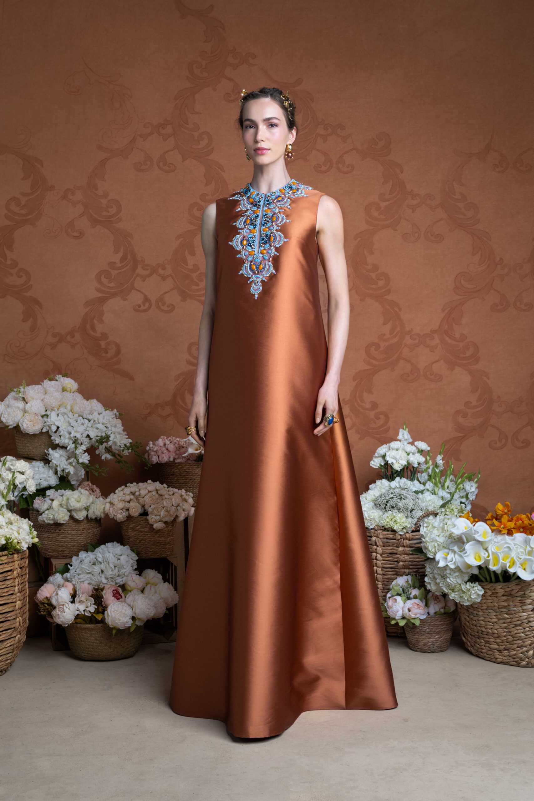 brown silk sleeveless gown