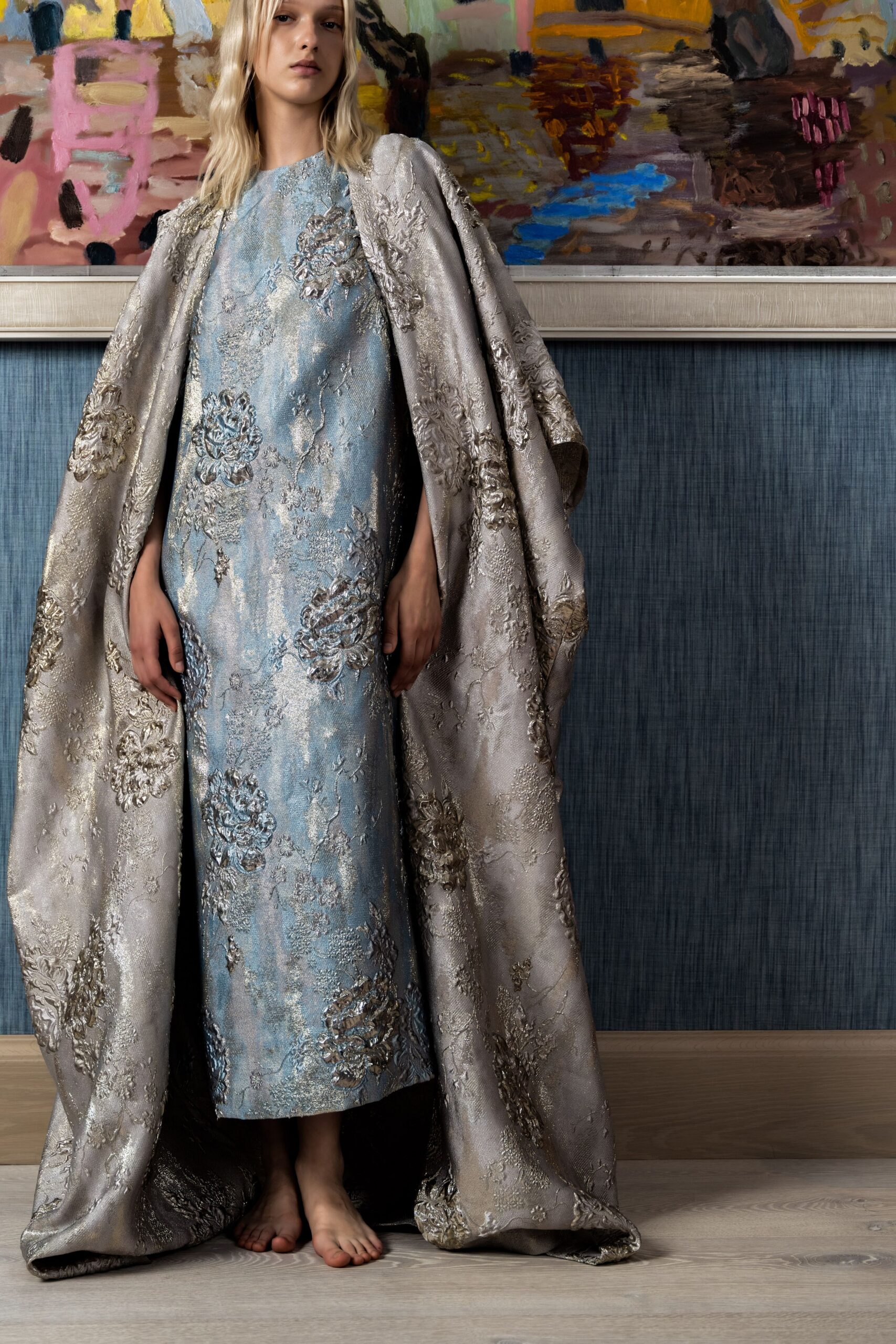 blue silk sleeveless high-neck fitted embroidered layered gown