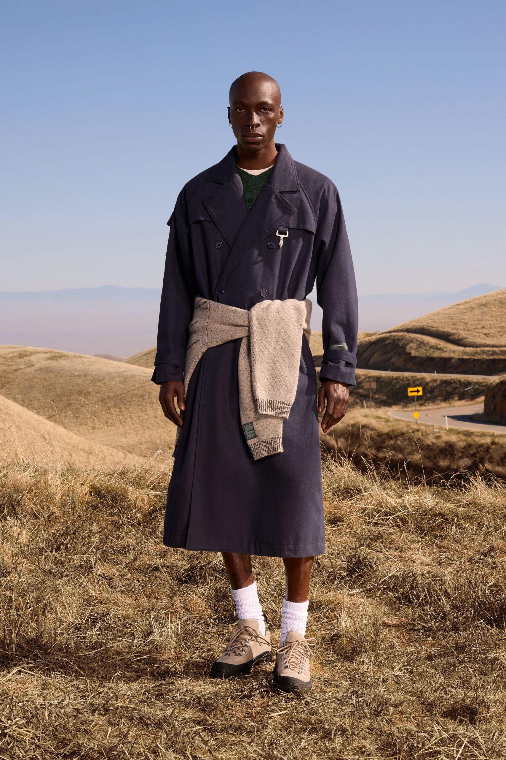 blue cotton long-sleeve collared relaxed buttoned midi coat