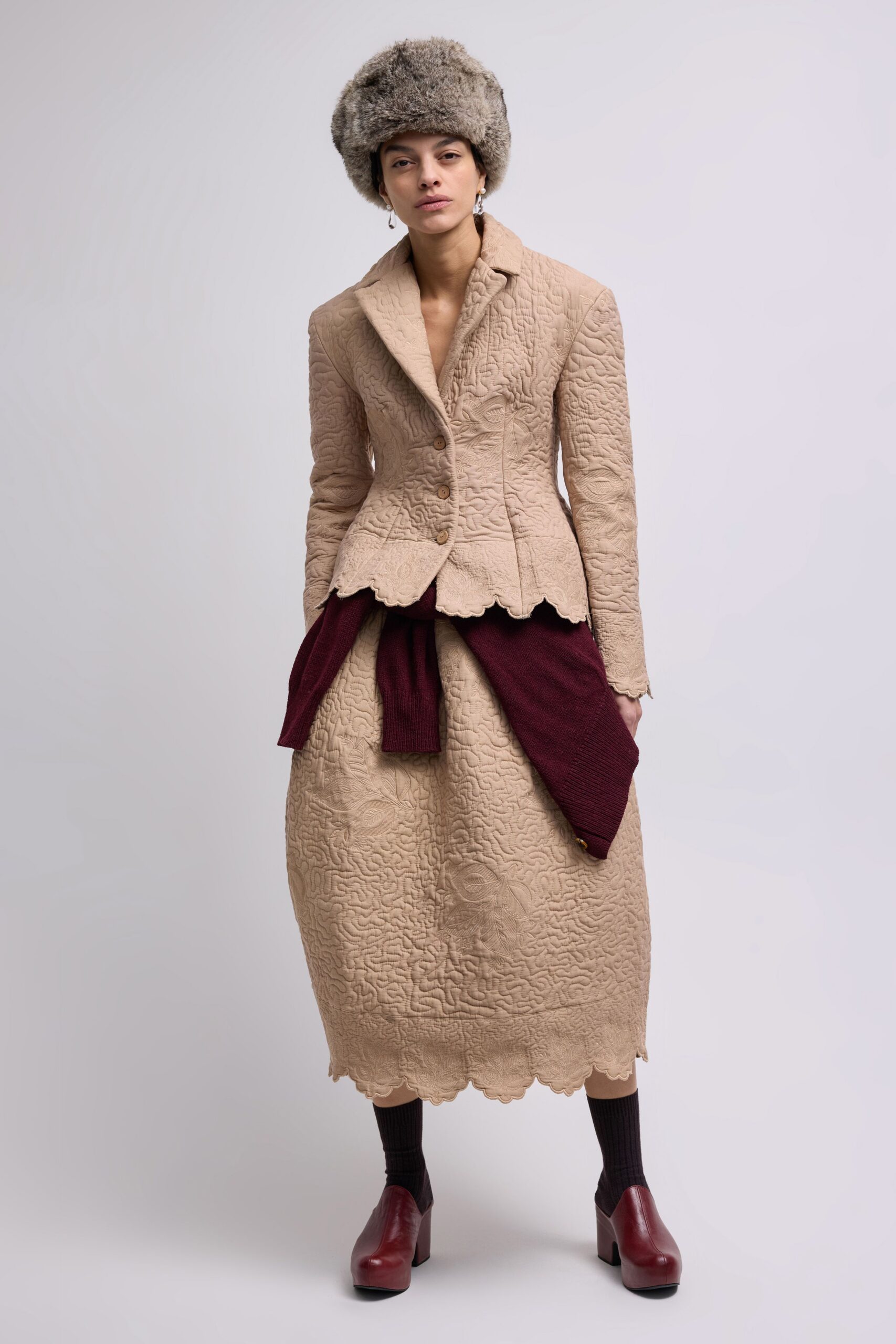 beige cotton long-sleeve collared tailored embroidered blazer