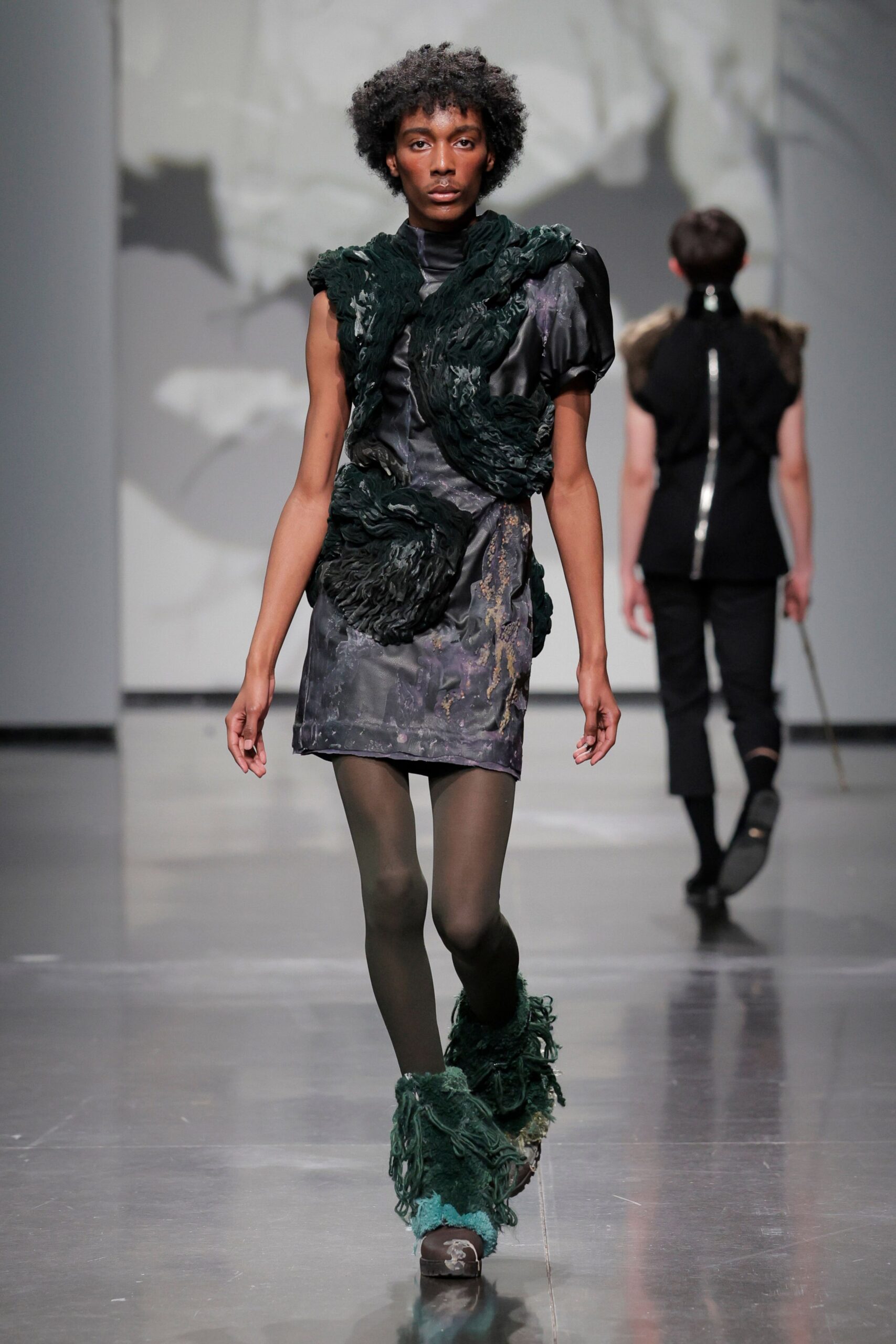 black silk sleeveless high-neck fitted ruffled draped dress