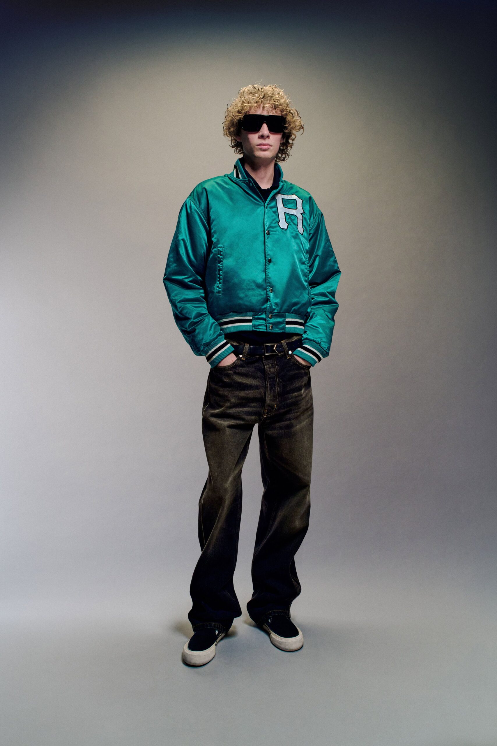 teal satin jacket with black pants