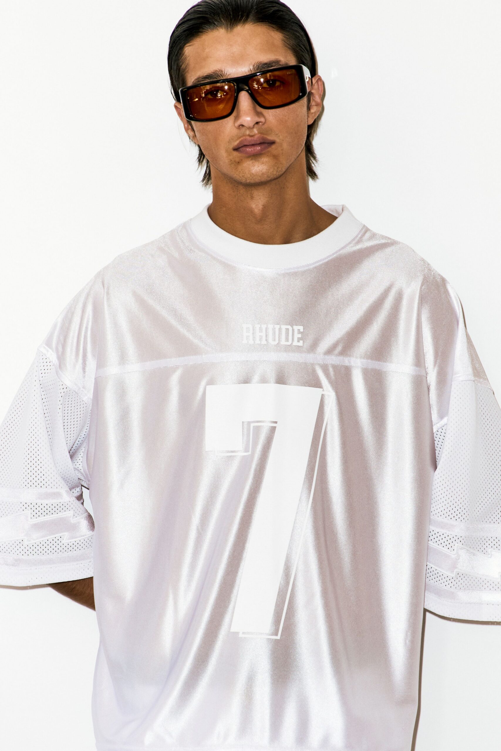 white satin short-sleeve collared relaxed printed shiny t-shirt