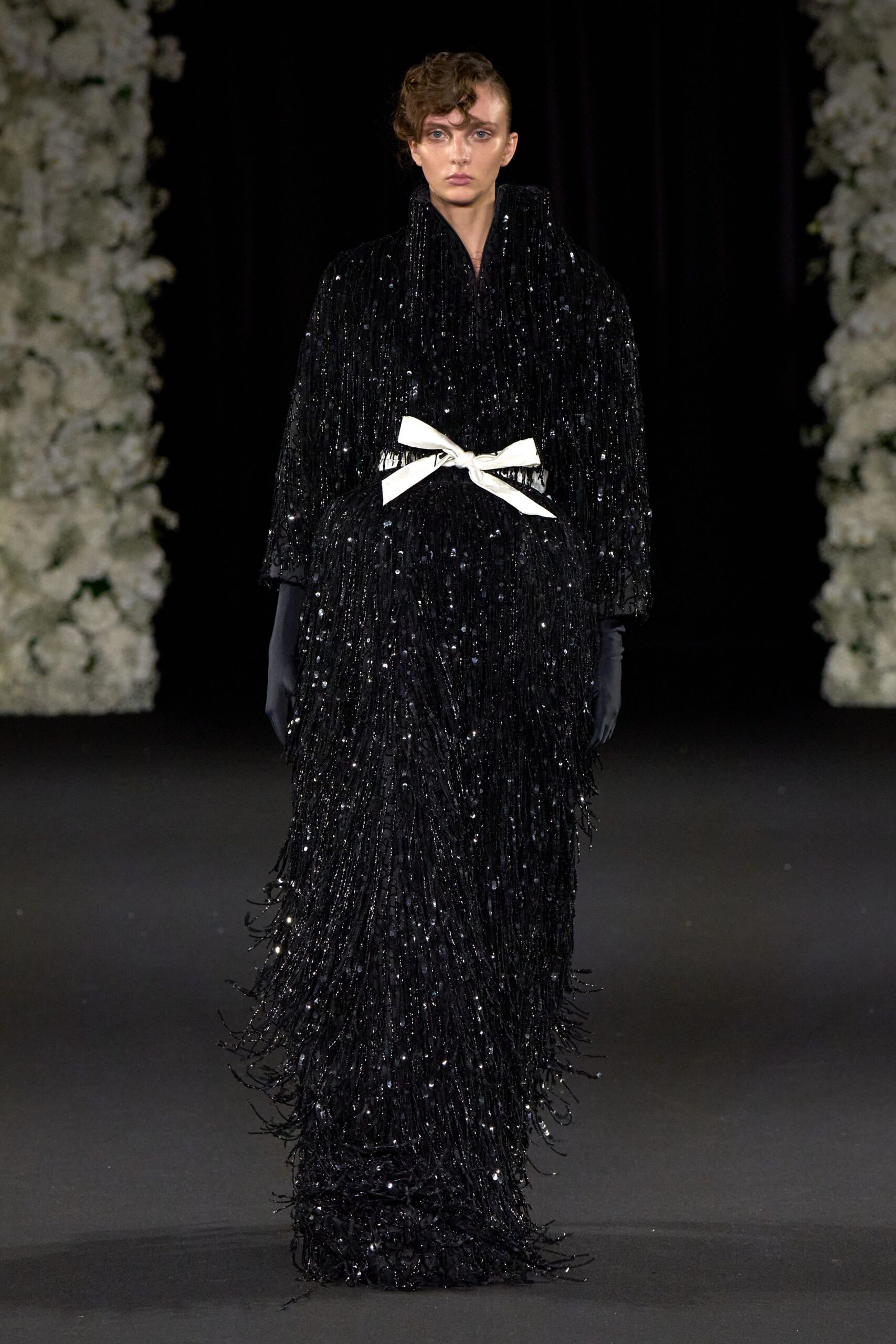 black silk long-sleeve collared fitted fringed beaded gown