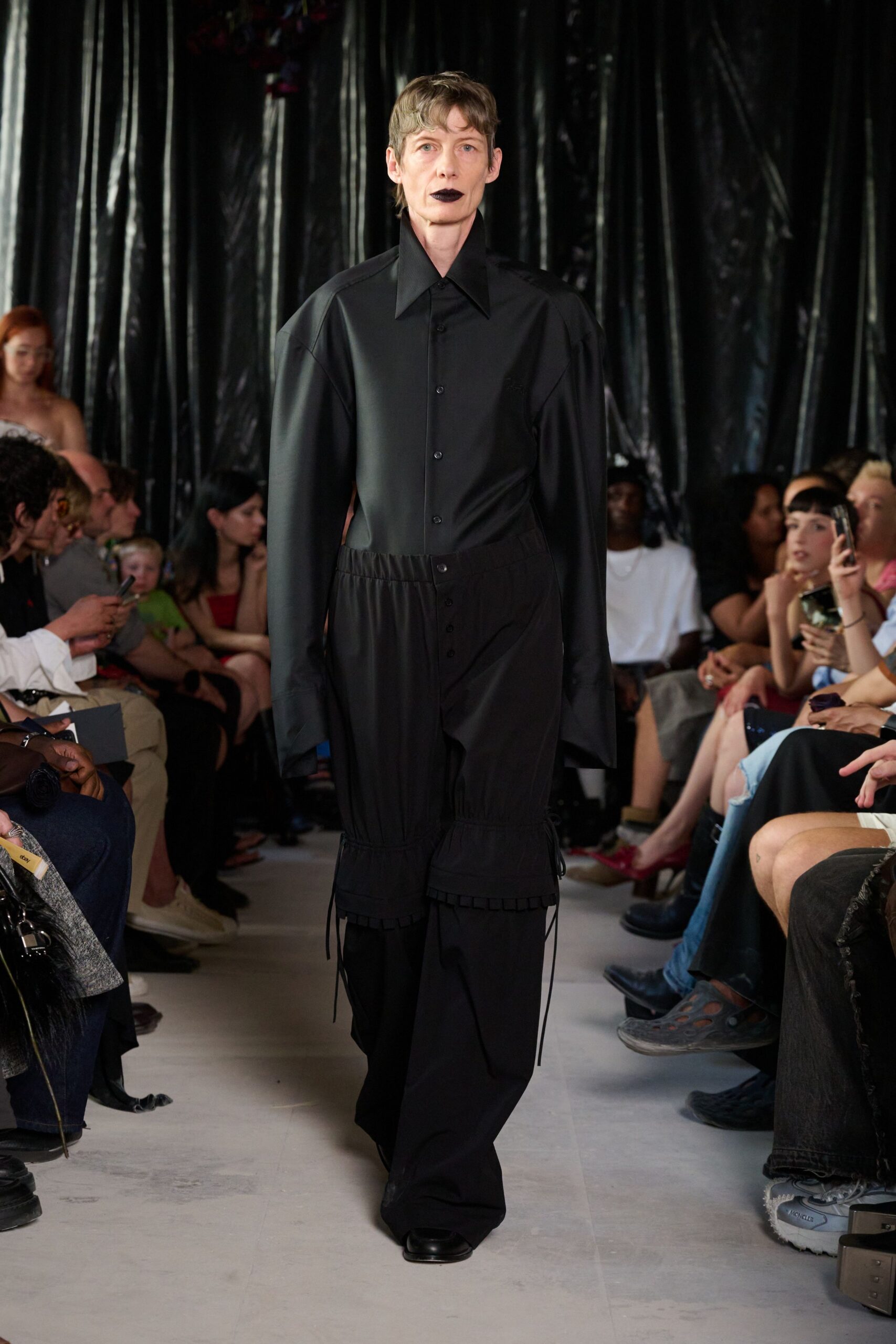 black oversized shirt and relaxed pants