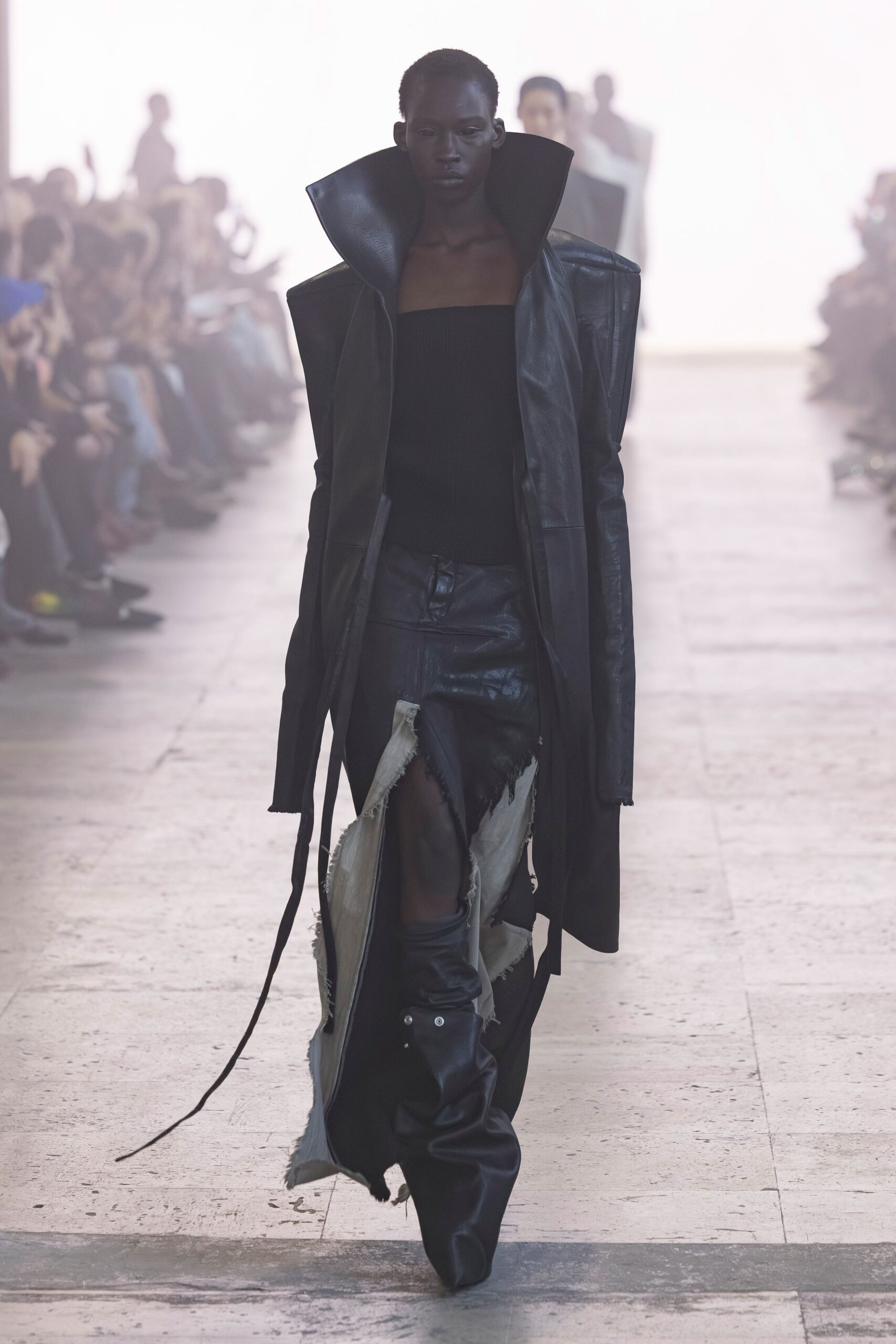 black leather coat and skirt