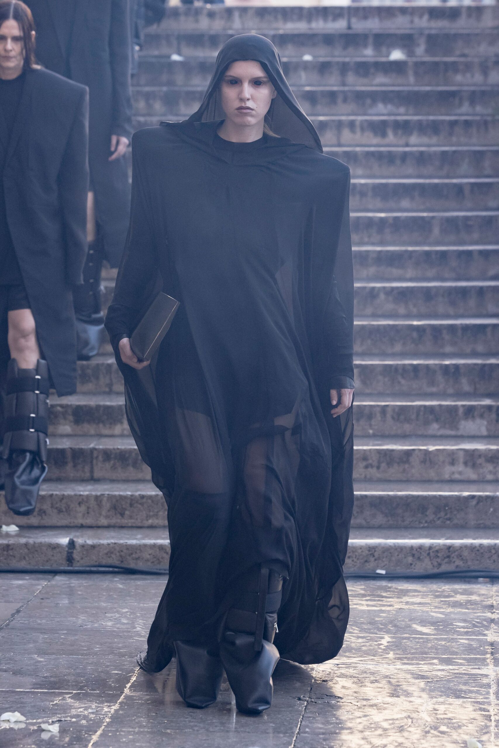 black silk sleeveless high-neck relaxed flowing sheer gown