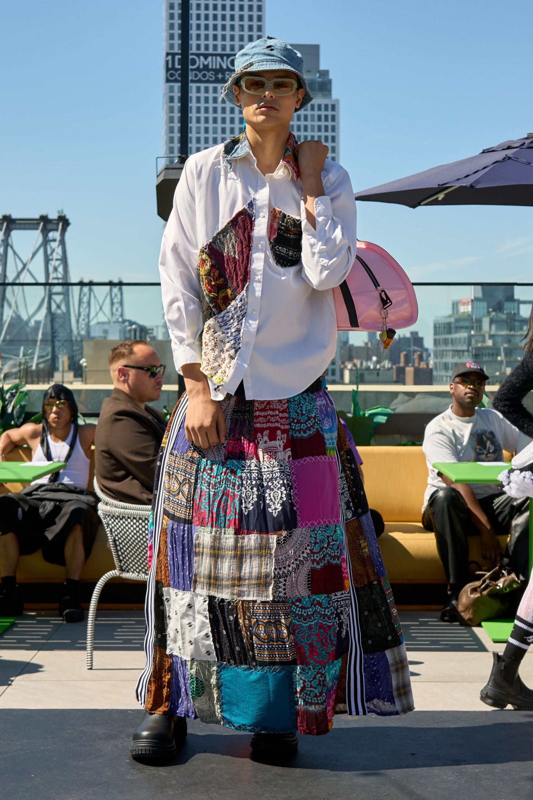 white relaxed shirt with multi patchwork skirt