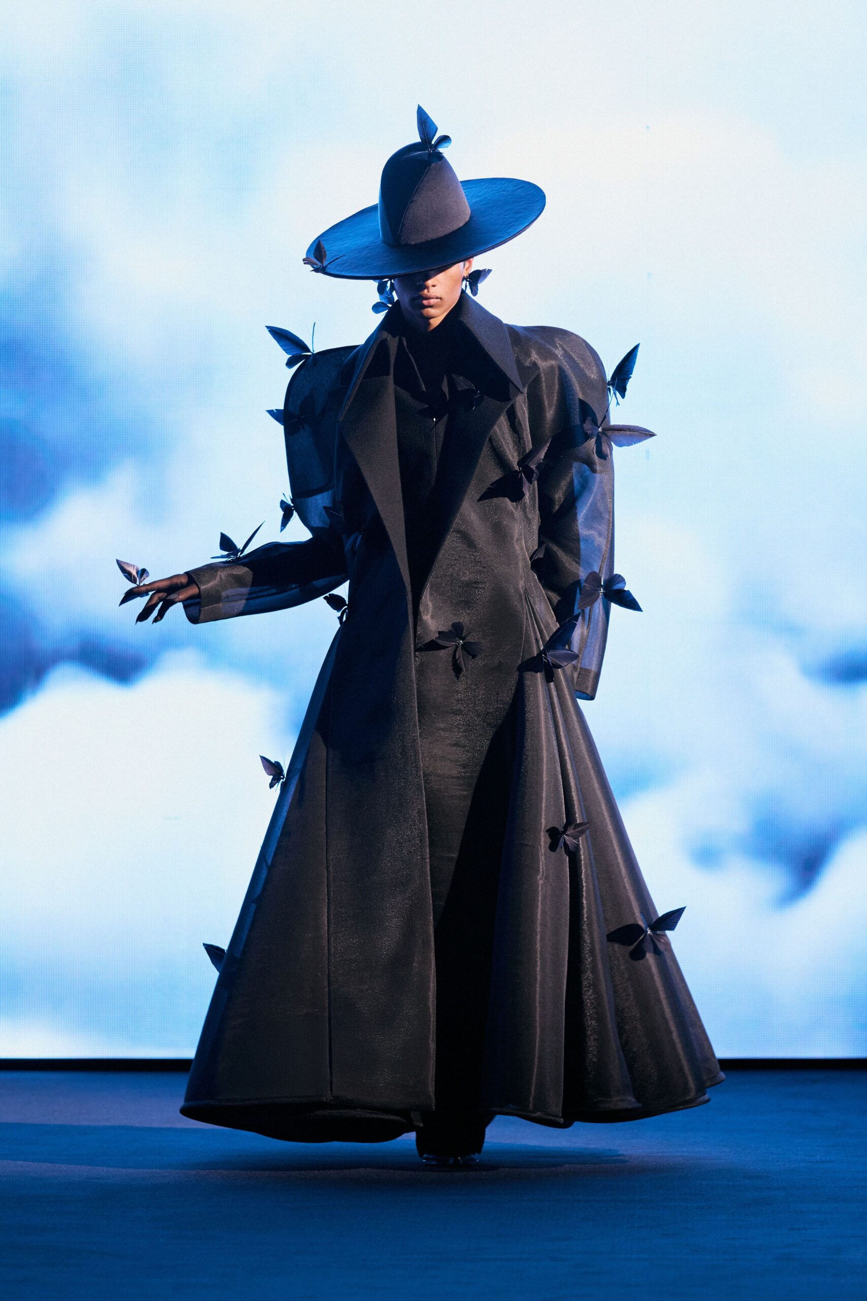 black silk long-sleeve collared structured layered embellished coat