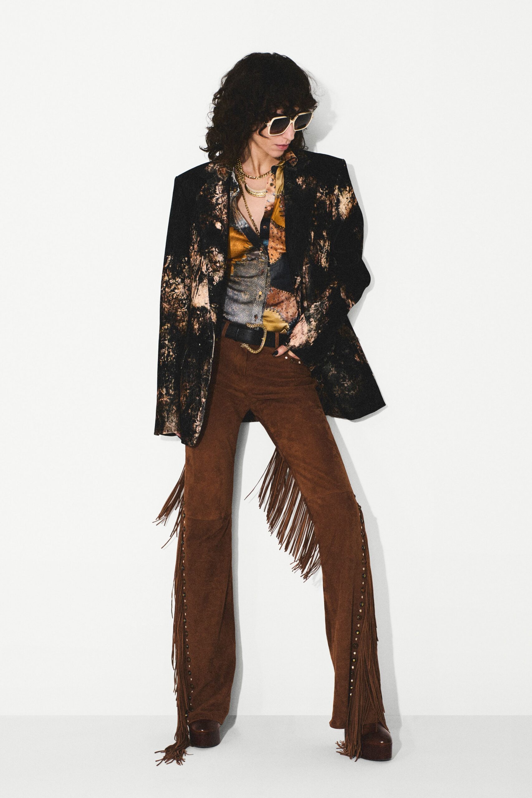 brown suede fitted fringed pants