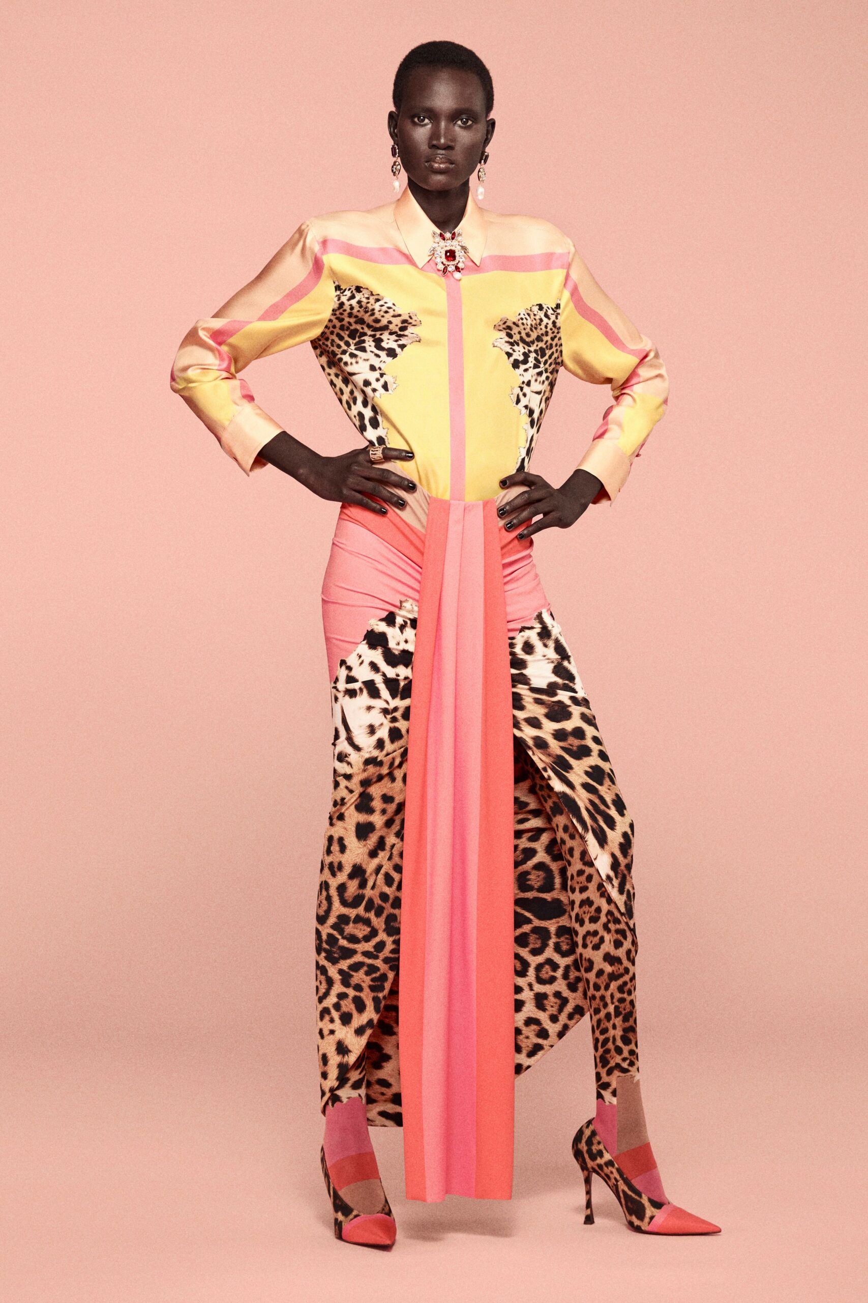 yellow silk long-sleeve collared fitted printed buttoned shirt-dress