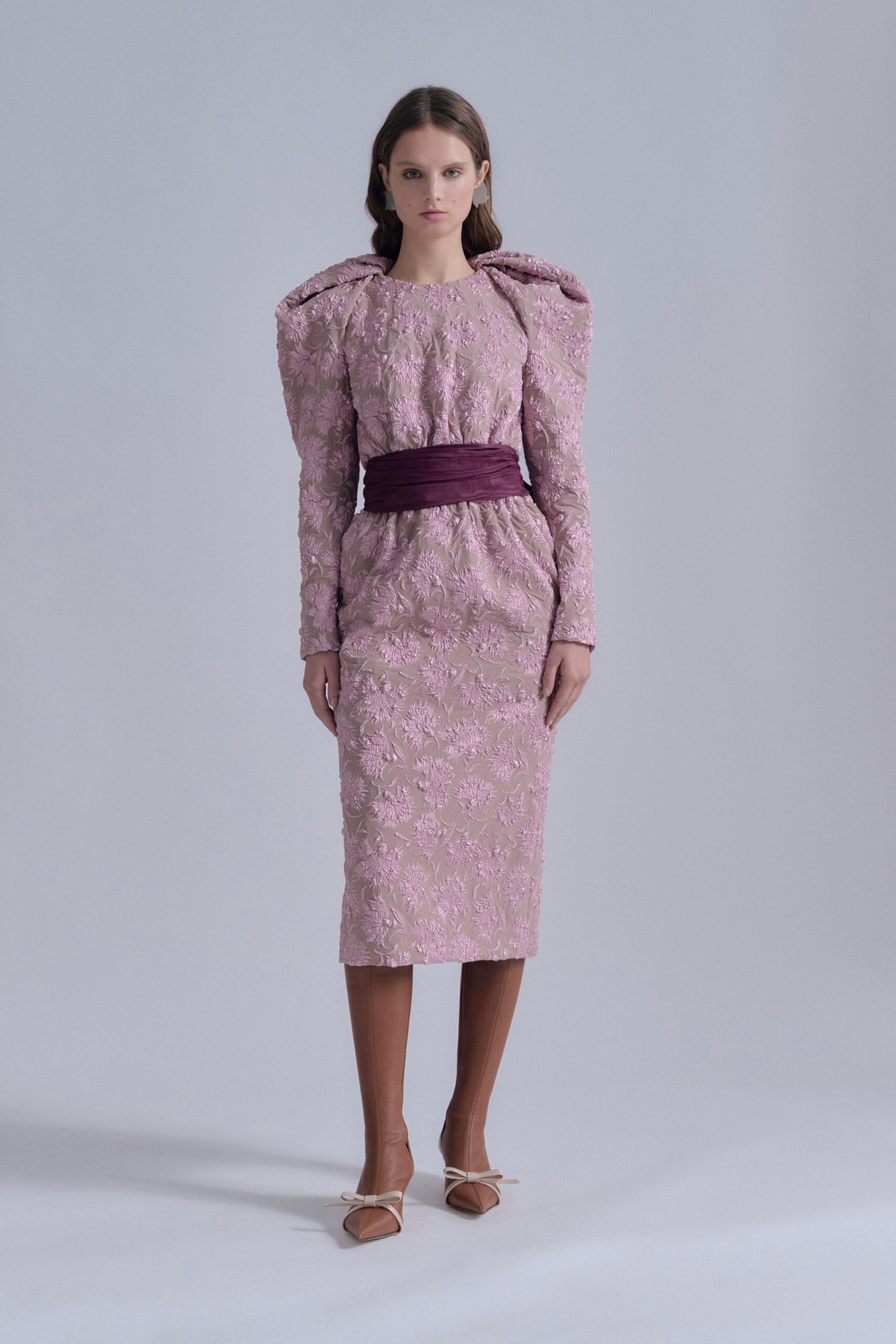 pink embroidered midi dress