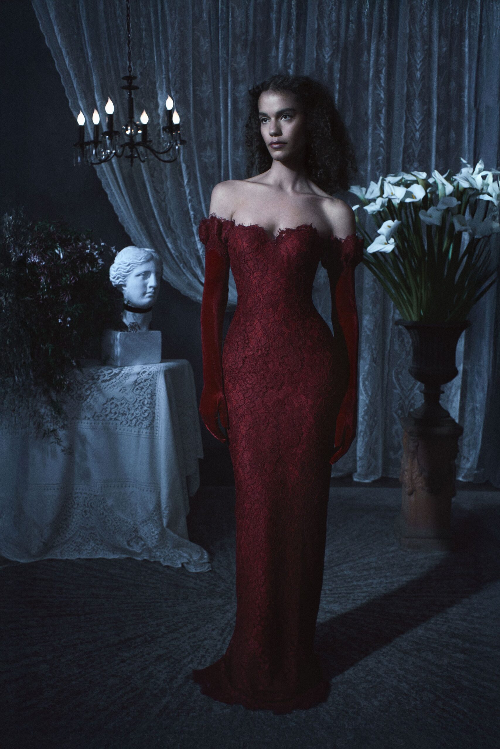 red lace off-shoulder fitted embroidered maxi gown