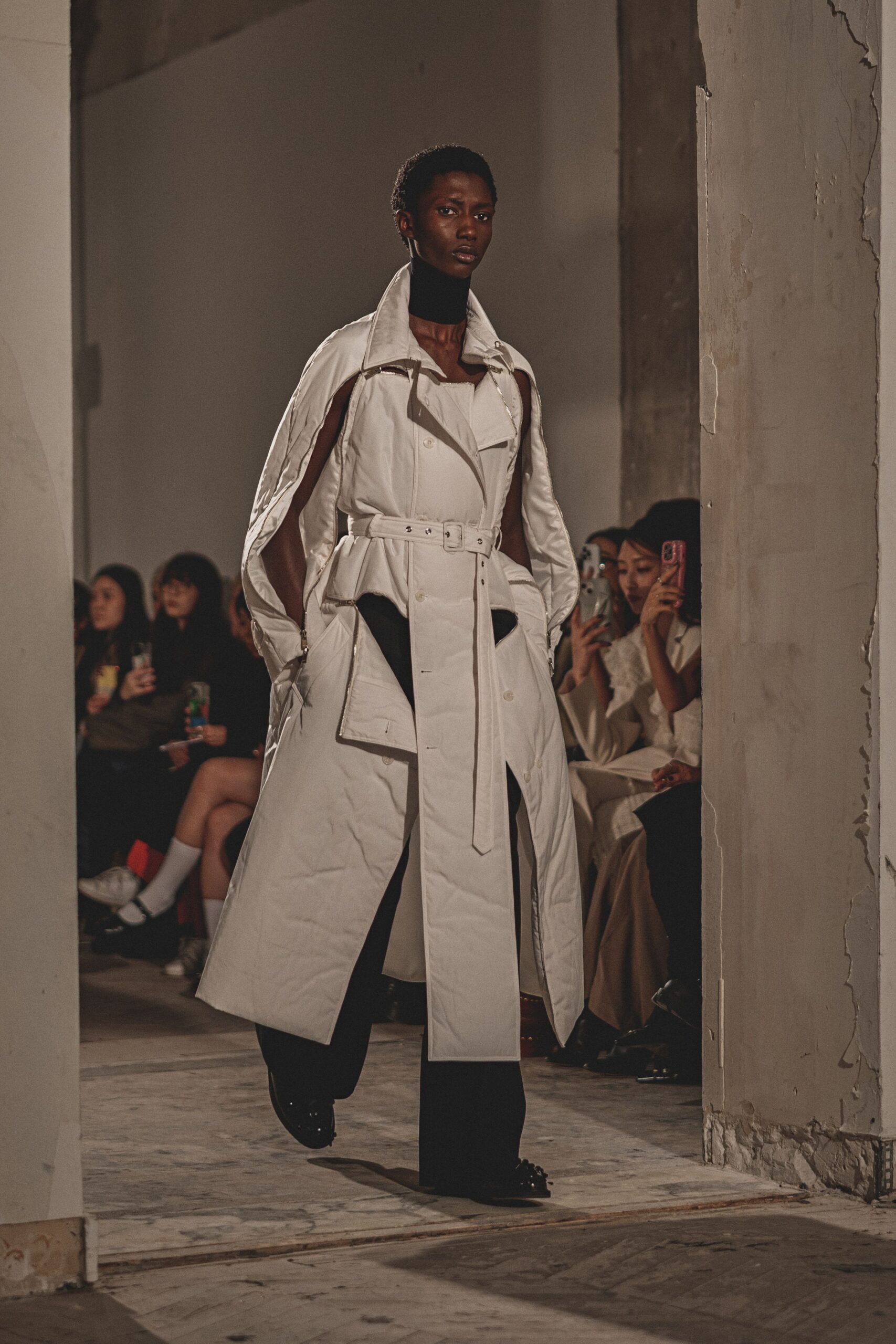 white cotton long-sleeve collared fitted belted trench