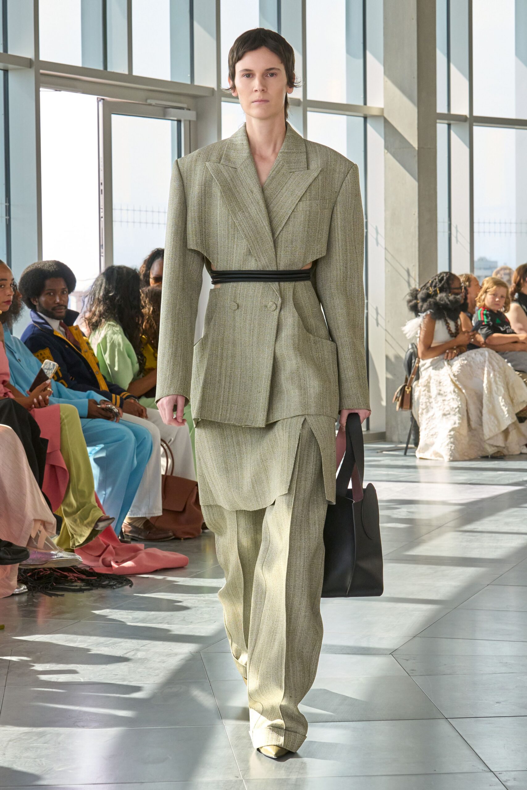 beige tailored blazer with relaxed pants