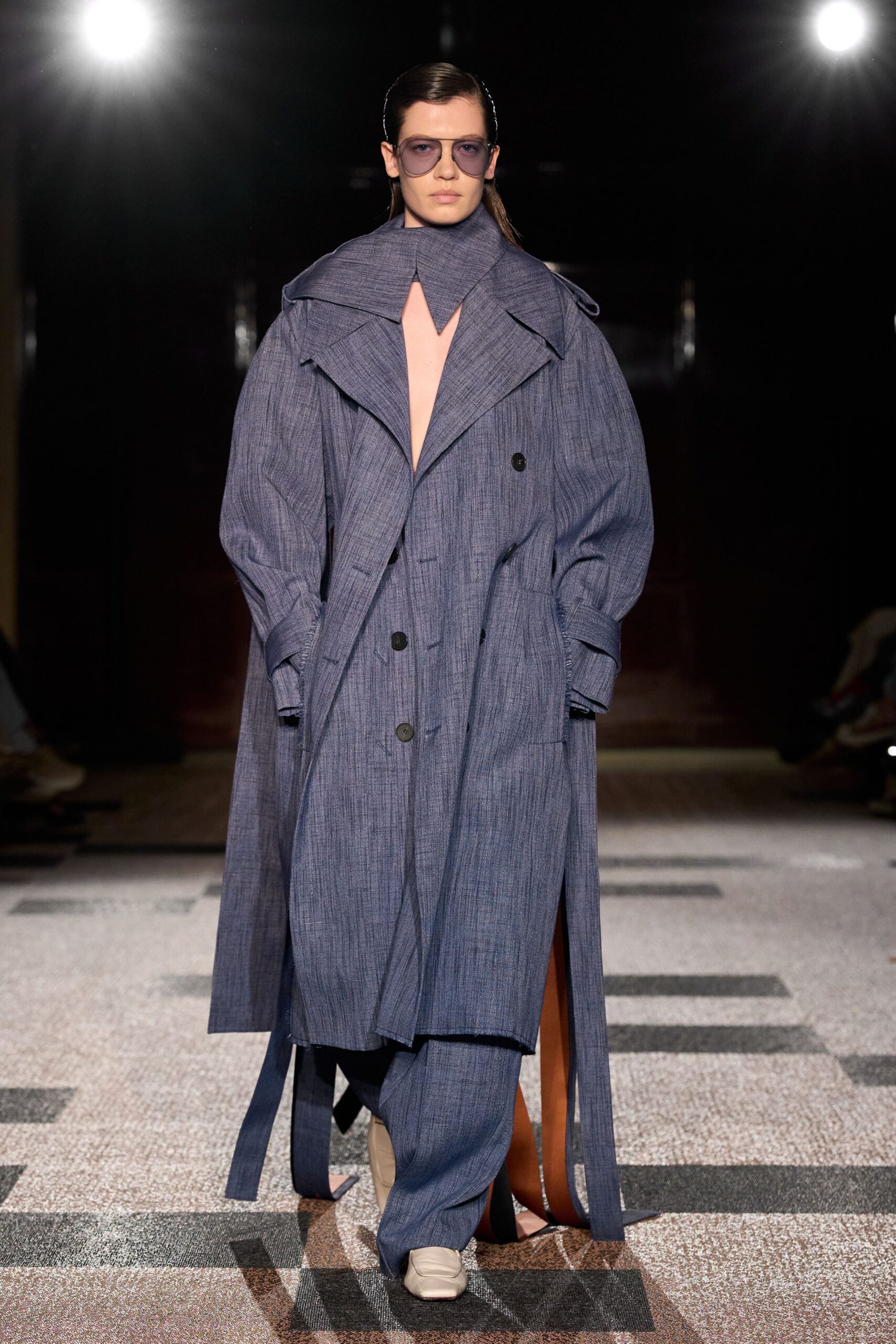 blue cotton long-sleeve collared oversized layered coat