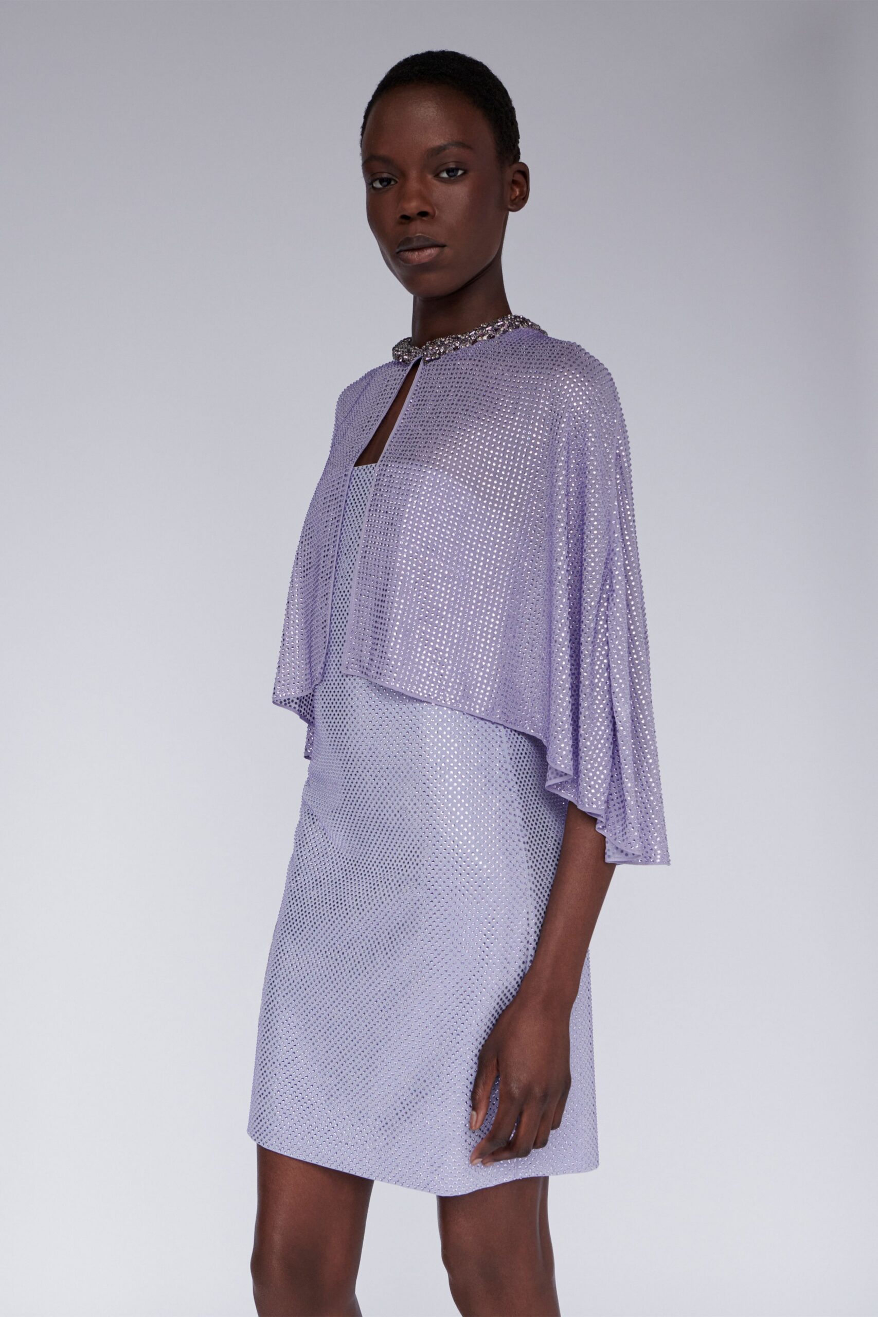 purple silk sleeveless relaxed sequined shiny cape