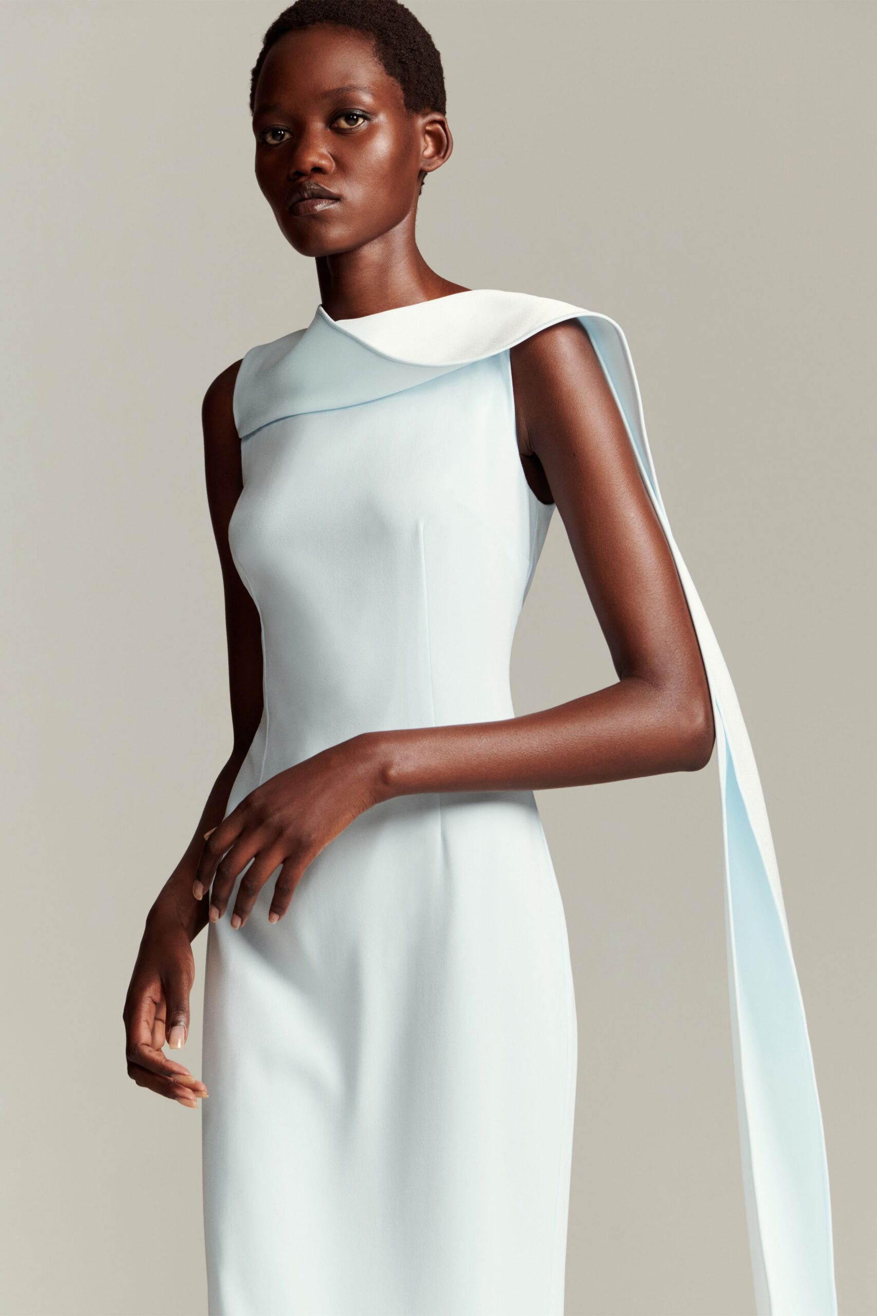 light blue silk sleeveless gown