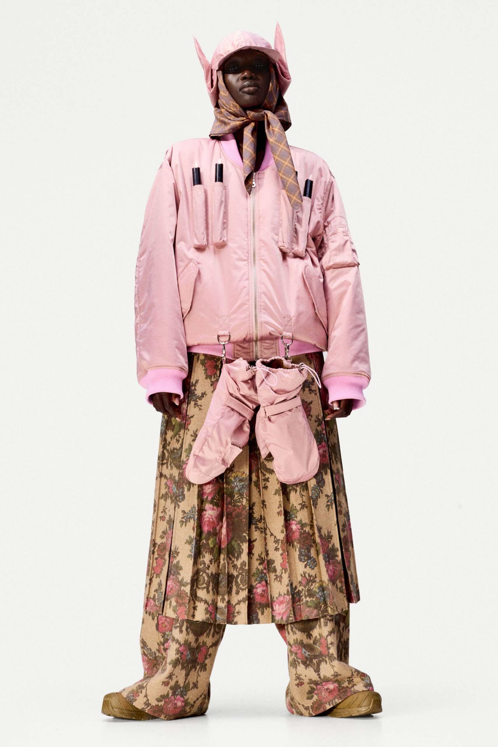 pink jacket with floral skirt