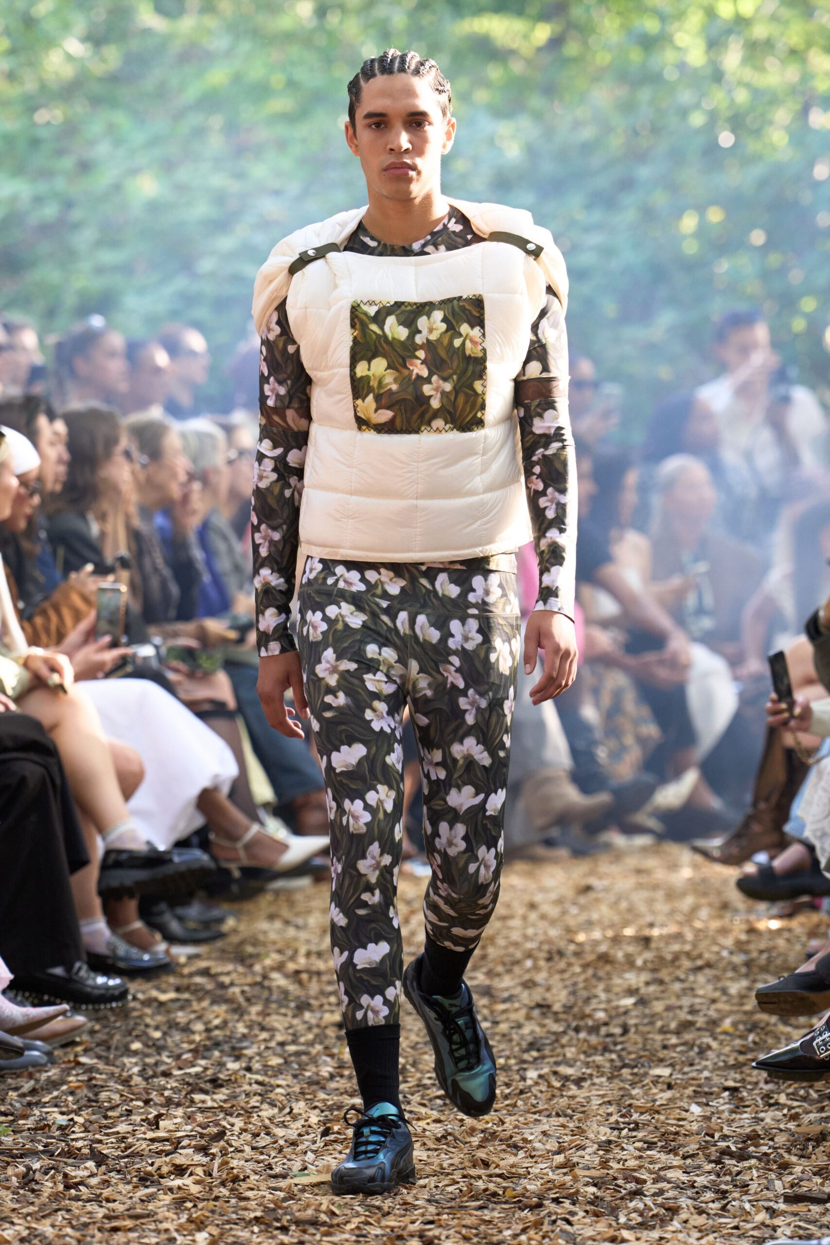 floral fitted top and pants with padded vest