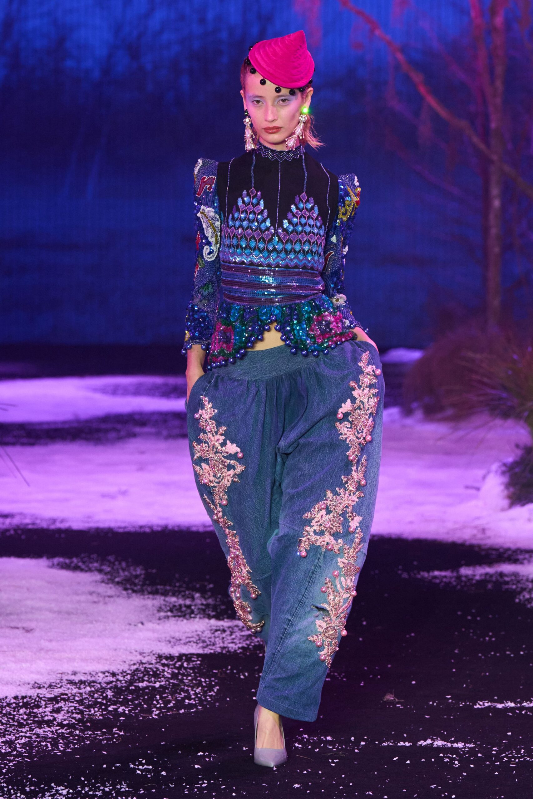 multi silk long-sleeve high-neck fitted embroidered beaded top