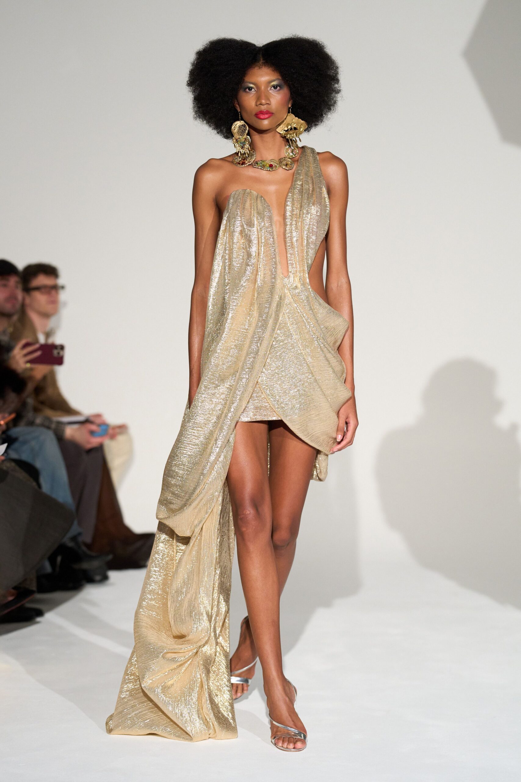 gold silk sleeveless v-neck fitted draped shiny gown