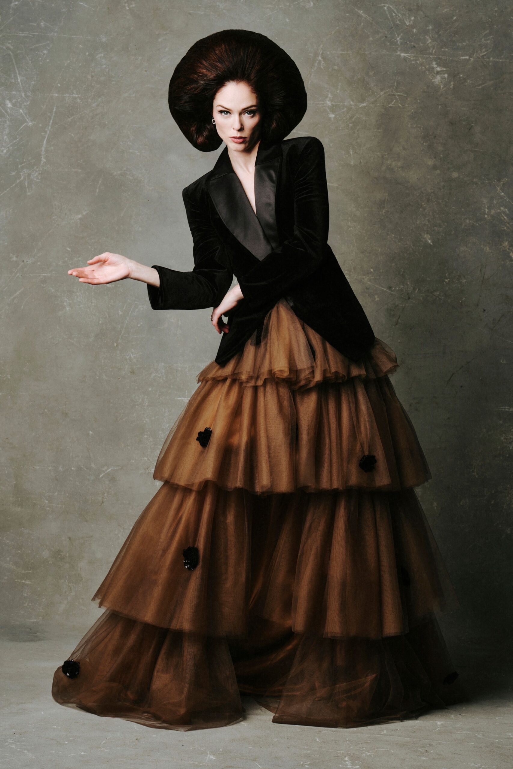 black velvet blazer brown tulle gown