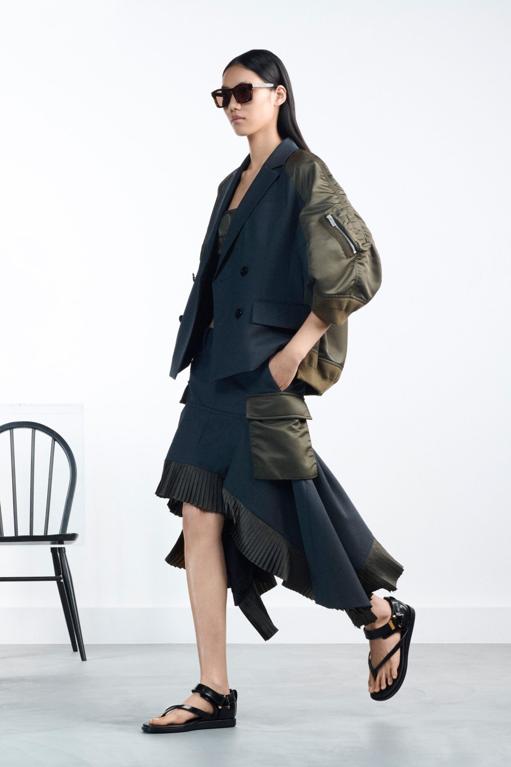 green cotton asymmetric fitted pleated skirt