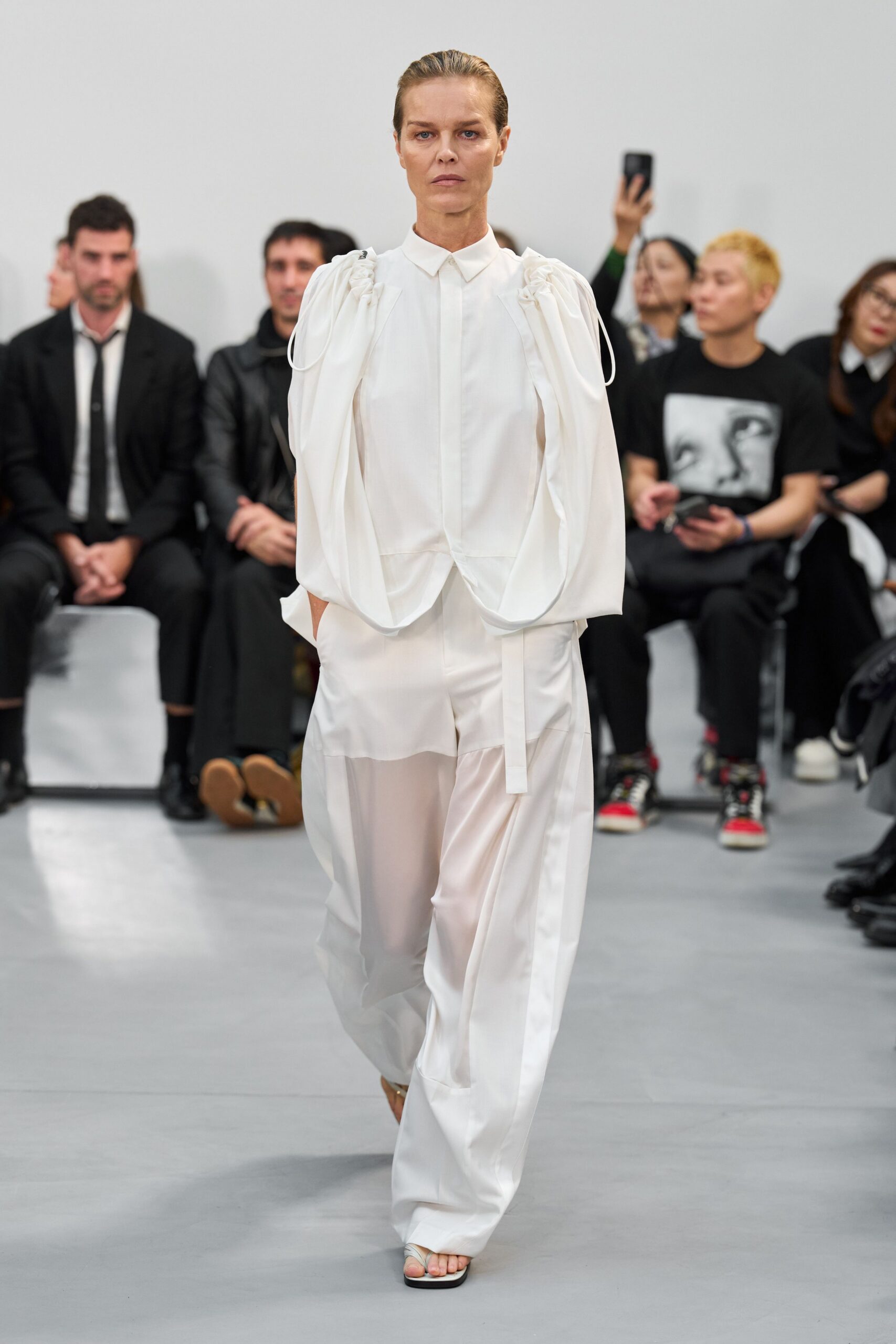 white silk long-sleeve collared relaxed layered blouse