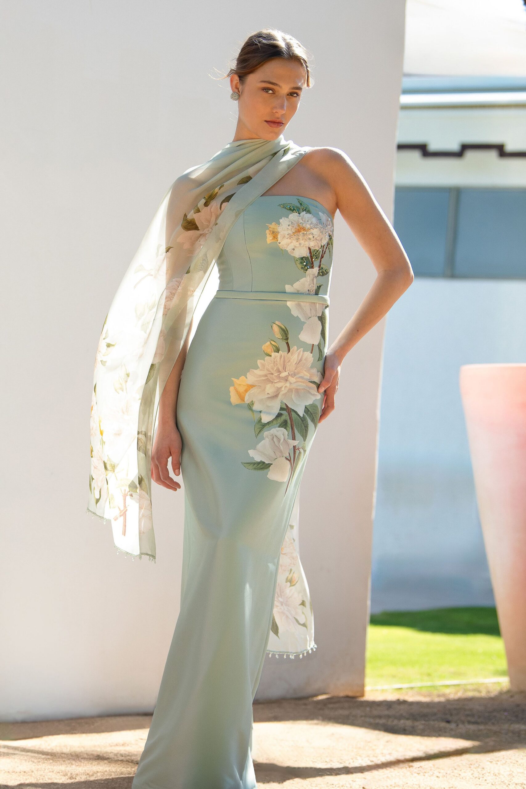 green silk sleeveless high-neck fitted floral draped gown
