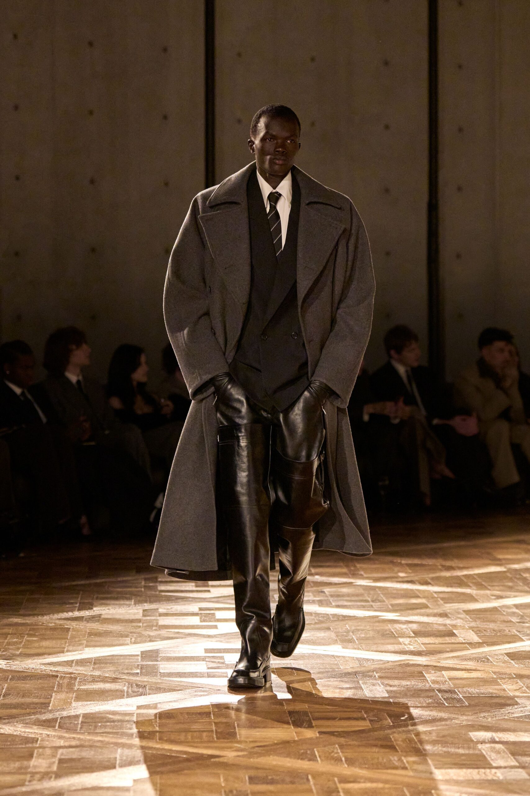 gray wool long-sleeve collared oversized buttoned maxi coat