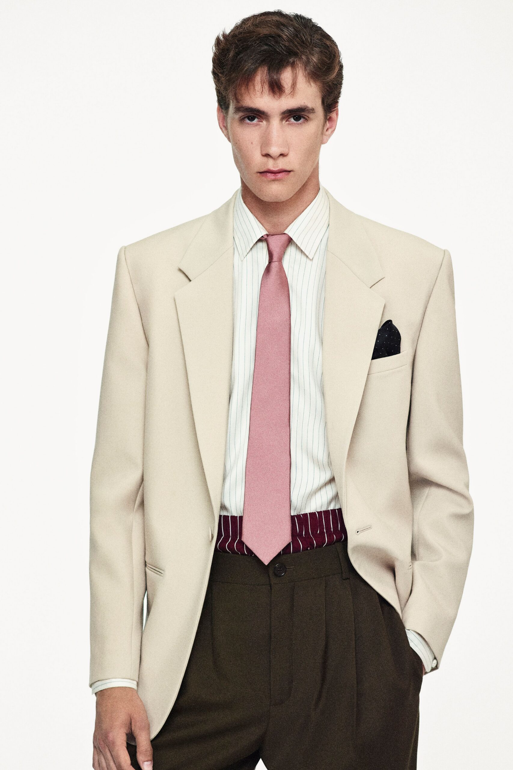 beige blazer with brown pants