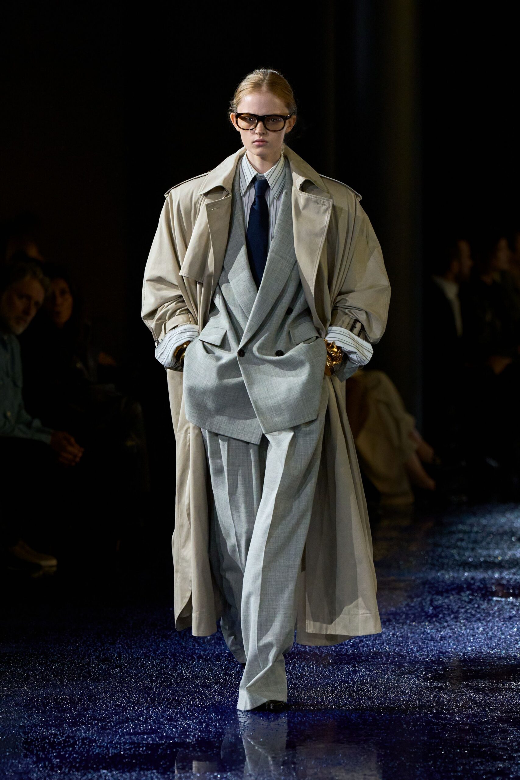 beige trench coat gray suit