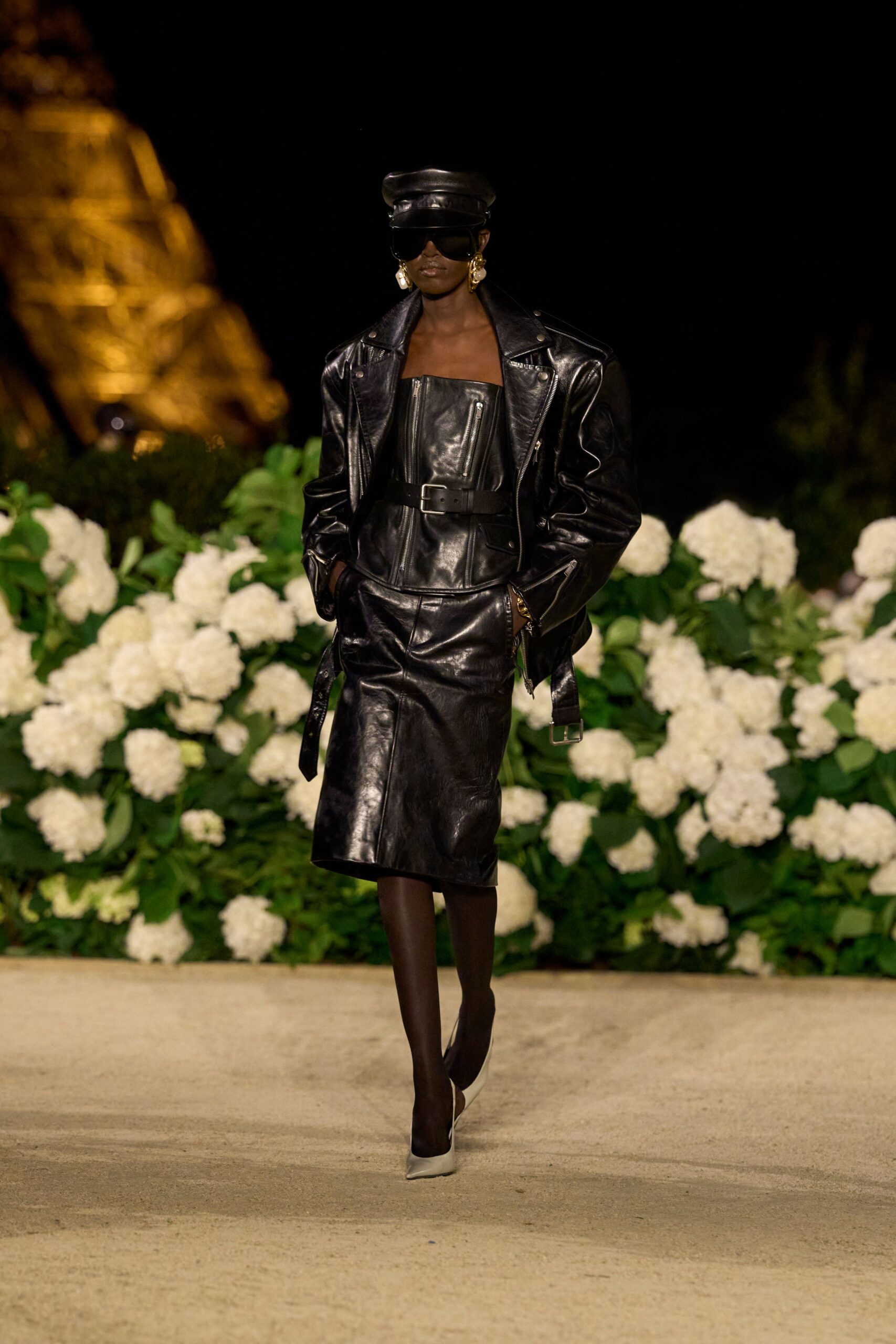 black leather long-sleeve collared structured zippered jacket